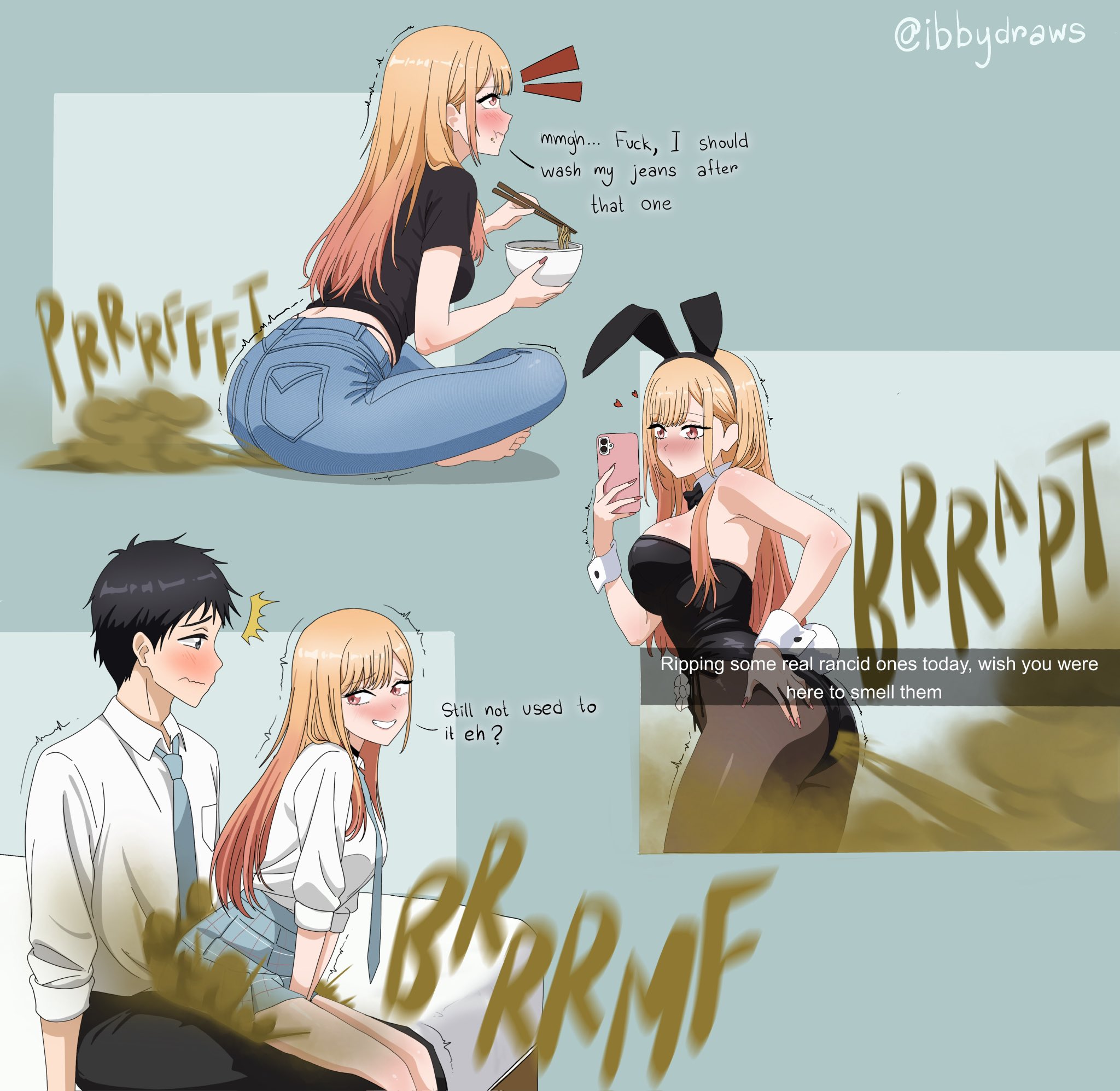 ass, big fart, blonde hair, boy/girl, bunnysuit, butt, eating, embarrassed, english text, fart, fart cloud, fart fetish, fart on dick, farted, farting on another, farting on dick, farting on lap, female, gassy female, gojou wakana, hearts around head, ibbydraws, jeans, kitagawa marin, male/female, pink eyes, smell, sono bisque doll wa koi wo suru, stink, stinky fart