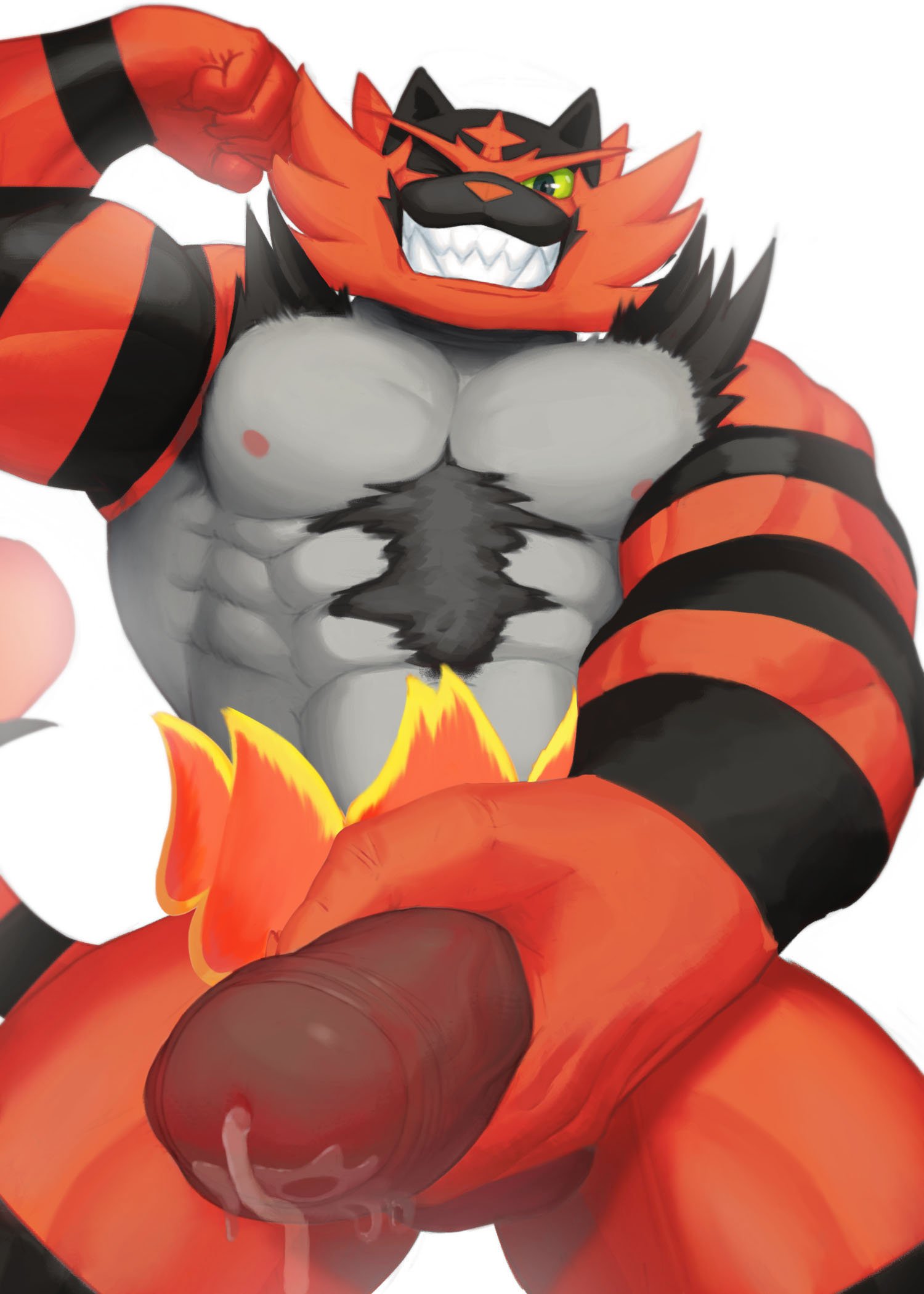 1boy 2018 5_fingers abs anthro armpits bara biceps big_penis black_fur black_markings black_tail chest_tuft claws clenched_teeth closed_eyes dripping erection feline fire flexing fur furry grey_eyes grey_fur hand_on_penis hi_res huge_cock huge_penis humanoid_hands humanoid_penis incineroar long_penis long_tail male male_only mammal manly markings multicolored_fur multicolored_tail muscular muscular_male nintendo nude partially_retracted_foreskin pecs penis pokémon_(species) pokemon pokemon_sm pose precum presenting presenting_balls presenting_penis red_claws red_fur red_nose red_tail seyrmo simple_background smile solo spread_legs spreading striped_fur striped_tail stripes teeth testicles thick_penis thick_thighs triceps tuft uncut vein veiny_penis video_games white_background