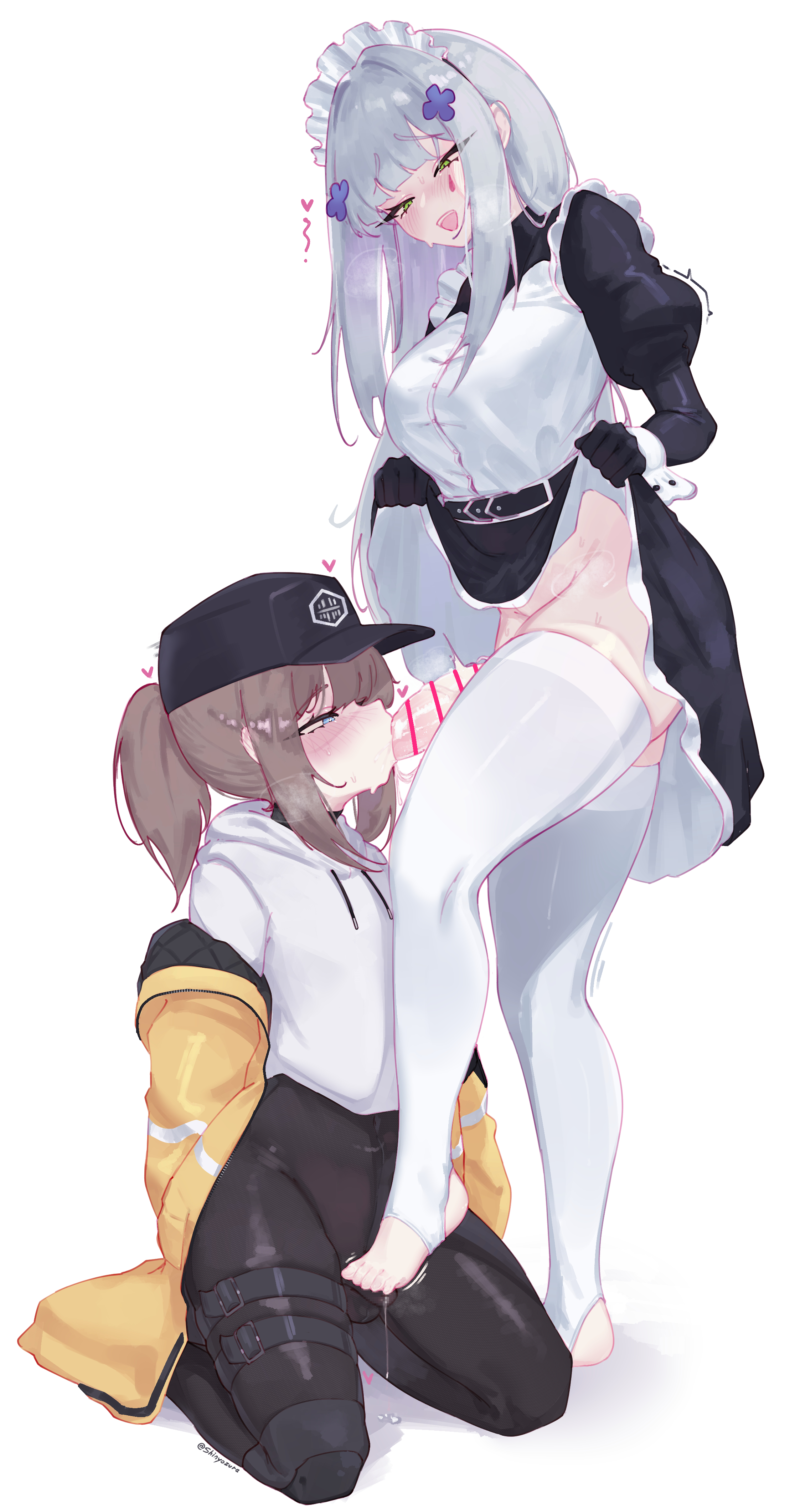 1boy, 1futa, blue eyes, dima (girls' frontline), erection under clothes, feet on penis, fellatio, femboy, futa on male, futanari, girls' frontline, green eyes, grey hair, hat, hi res, hk416 (girls' frontline), jacket, kneeling, legwear, light brown hair, maid, maid headdress, otoko no ko, pantyhose, penis, shinyozura, simple background, skirt lift, stirrup legwear, tagme, toeless legwear, trap, white background, white legwear