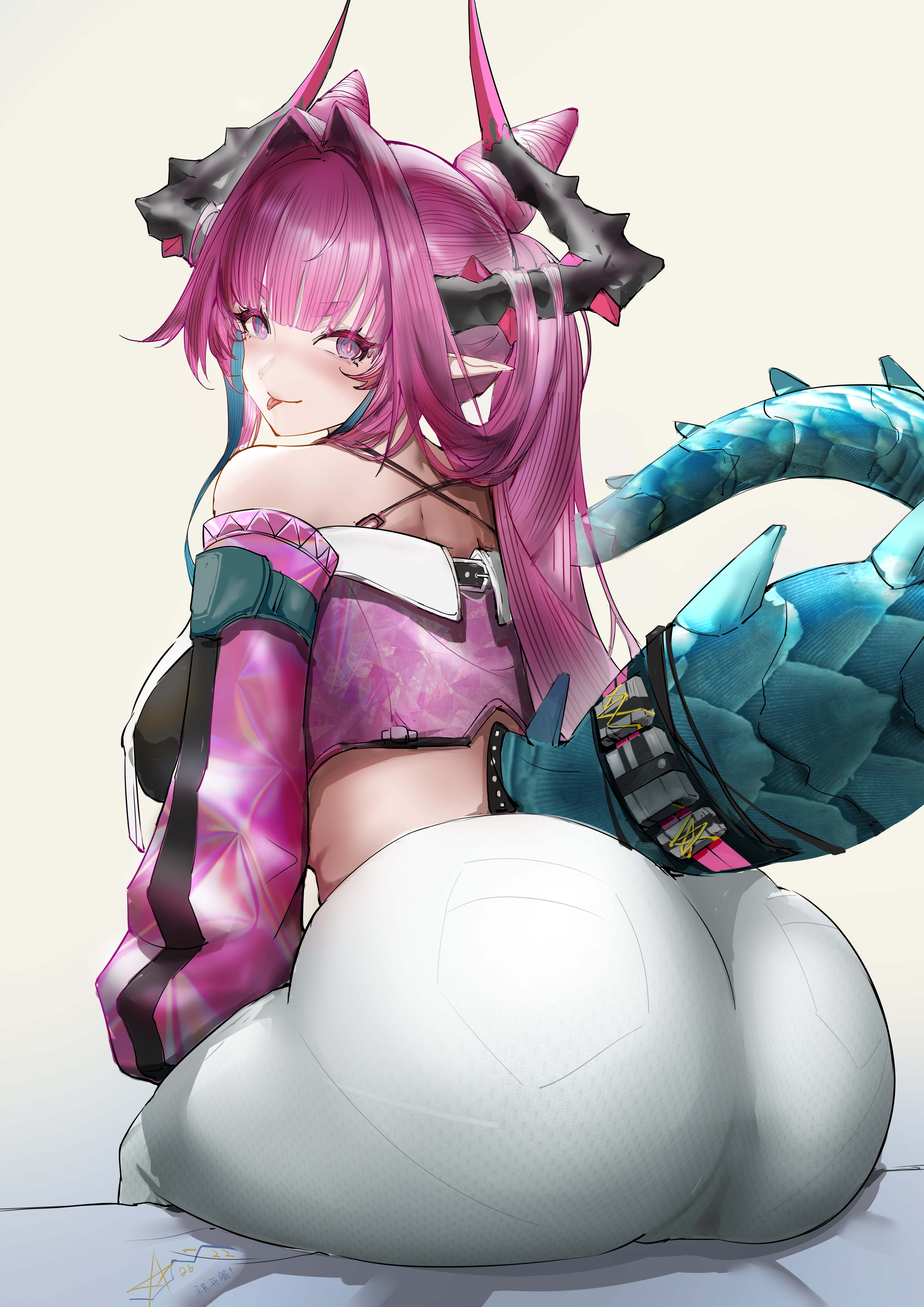 1girls, absurdres, arknights, arknights: endfield, ass, ass focus, back, bare shoulders, chinese commentary, clothed, commentary request, crop top, detached sleeves, dragon girl, dragon horns, dragon tail, exianble, female, hair intakes, highres, horns, long hair, looking back, multicolored hair, pants, pink hair, pointy ears, simple background, sitting, solo, streaked hair, tail, tight clothes, tight pants, tongue, tongue out, twintails, white pants, yvonne (arknights: endfield)