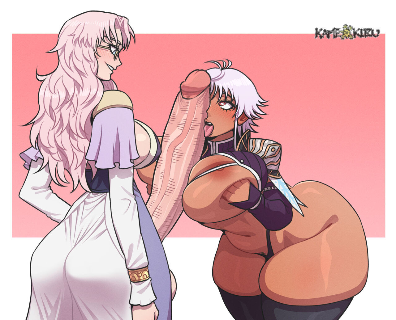1futa, 1girls, futa on female, futanari, glasses, huge breasts, kamekuzu, kameseru, large breasts, looking at penis, white hair