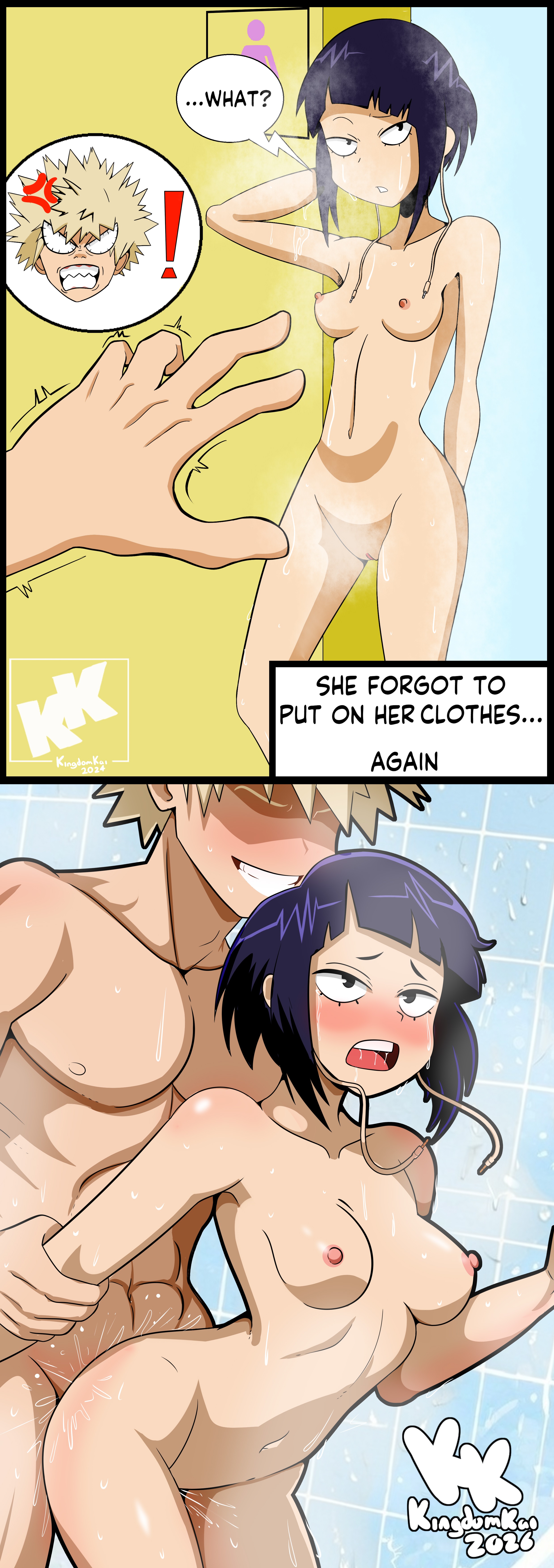 1boy, 1boy1girl, 1girls, after shower, areolae, bigger male, blonde hair, blonde-haired male, blush, blushing, breasts, completely nude, female, katsuki bakugou, kingdomkai, kyoka jiro, male, male/female, mixed bathing, mouth open, multiple images, muscular, muscular male, my hero academia, naked, nipples, penetration, penis, penis in pussy, petite female, purple hair, pussy juice, pussy lips, sex, sex from behind, short hair, shower, shower sex, showering together, small breasts, spiky hair, standing, standing sex, straight sex, vaginal penetration, vaginal sex