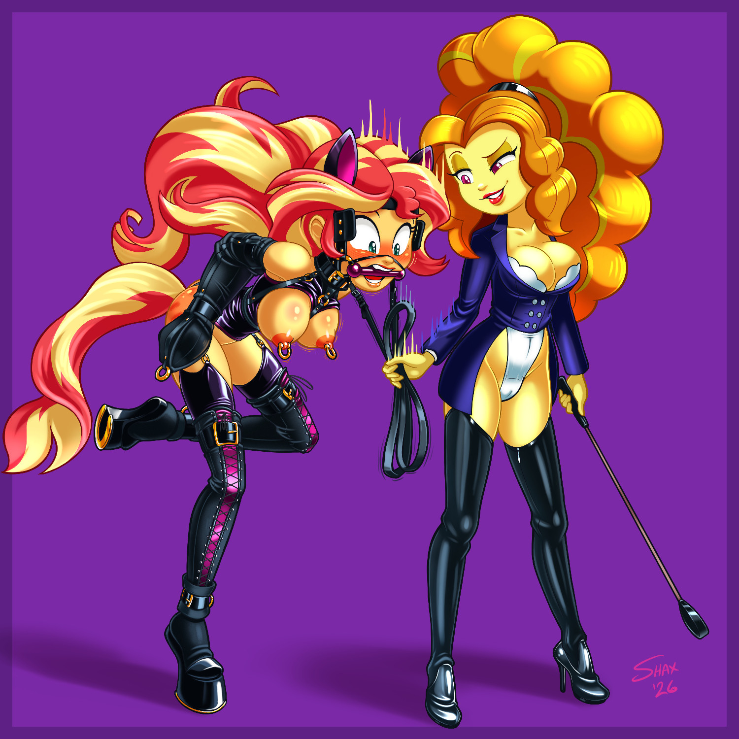 adagio dazzle, ankle cuffs, armbinder, bdsm, bdsm gear, bdsm outfit, big breasts, bit gag, blinders, blush, bondage, bondage gear, bondage outfit, bound, bound arms, breasts, bridle, captured, captured heroine, collar, cuffs, domination, equestria girls, equestria girls: rainbow rocks, exposed breasts, female, female only, female/female, femdom, femsub, friendship is magic, gag, gagged, garter straps, hi res, hoof boots, horse ears, horse tail, humiliation, latex, latex clothing, latex legwear, latex stockings, latex thighhighs, leather, leather cuffs, legwear, multiple girls, my little pony, nipple piercing, nipples, no background, orange hair, petplay, ponyplay, pulling reins, red hair, rein pull, reins, riding crop, shaxbert, stockings, submissive, submissive female, sunset shimmer, thighhigh boots, thighhighs, two-tone hair, villain on hero, whip marks, yuri