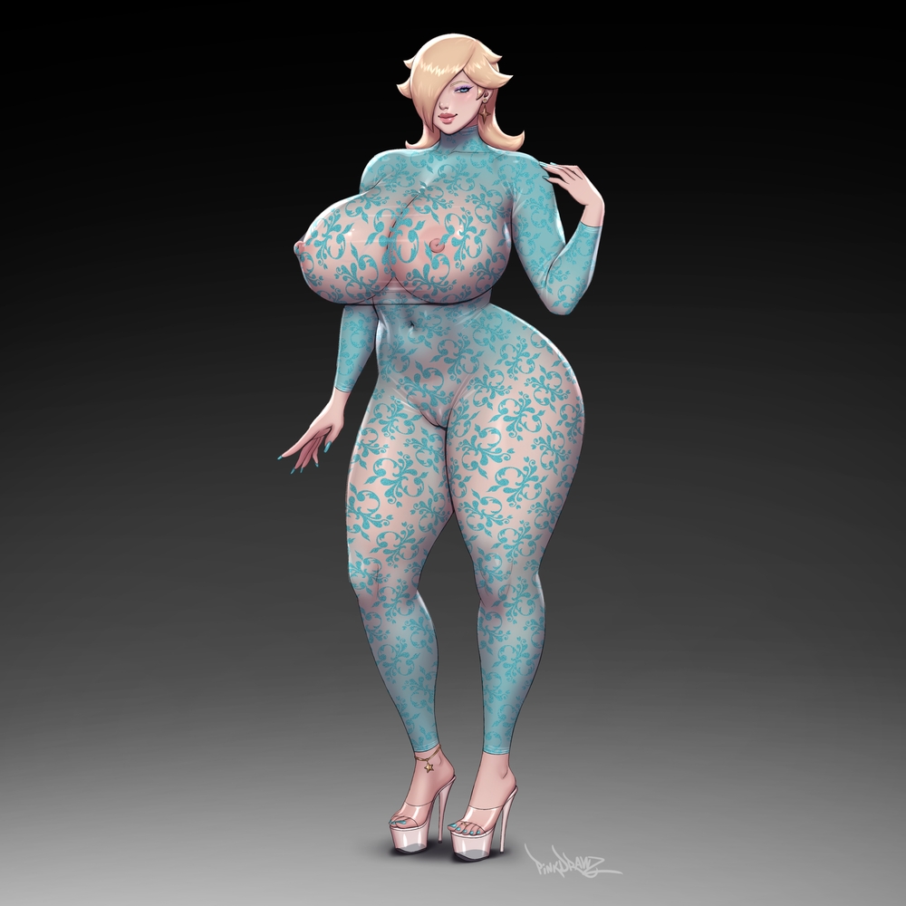 big breasts, bimbo, female, female only, huge breasts, looking at viewer, mario (series), pinkdrawz, princess rosalina, thick thighs, voluptuous