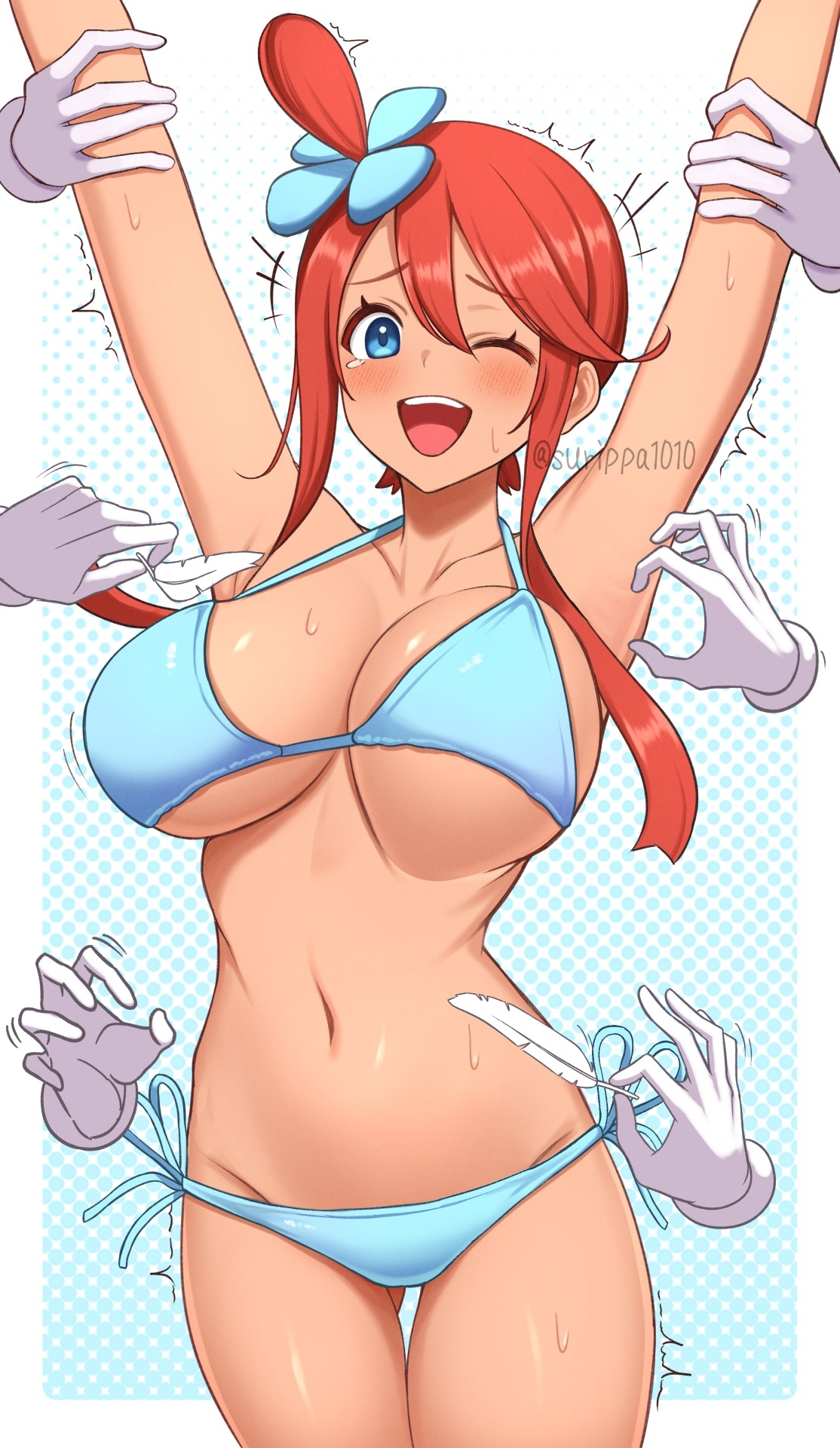 1girls, armpits, arms up, bikini, blue background, blue bikini, blue eyes, blush, breasts, cleavage, disembodied hand, female, halterneck, highres, large breasts, laughing, long sidelocks, pokemon, pokemon bw, polka dot, polka dot background, red hair, short hair with long locks, side-tie bikini bottom, sidelocks, skyla (pokemon), solo focus, string bikini, surippa1010, swimsuit, tears, teeth, tickling, twitter username, upper teeth only