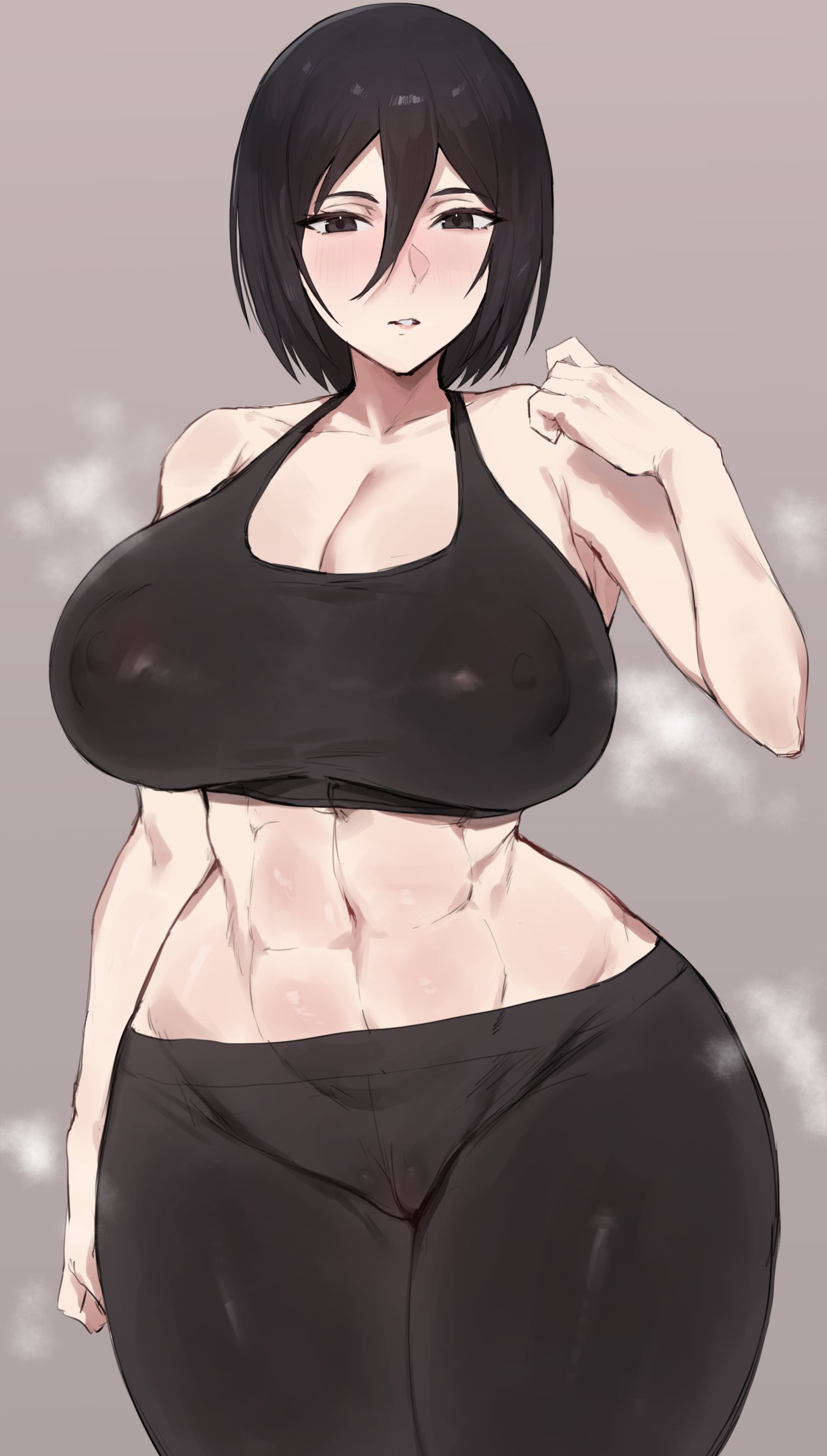1girls, attack on titan, breasts, female, female focus, female only, kataku musou, large breasts, light skin, light-skinned female, midriff, mikasa ackerman, shingeki no kyojin, solo, thick thighs, thighs, wide hips