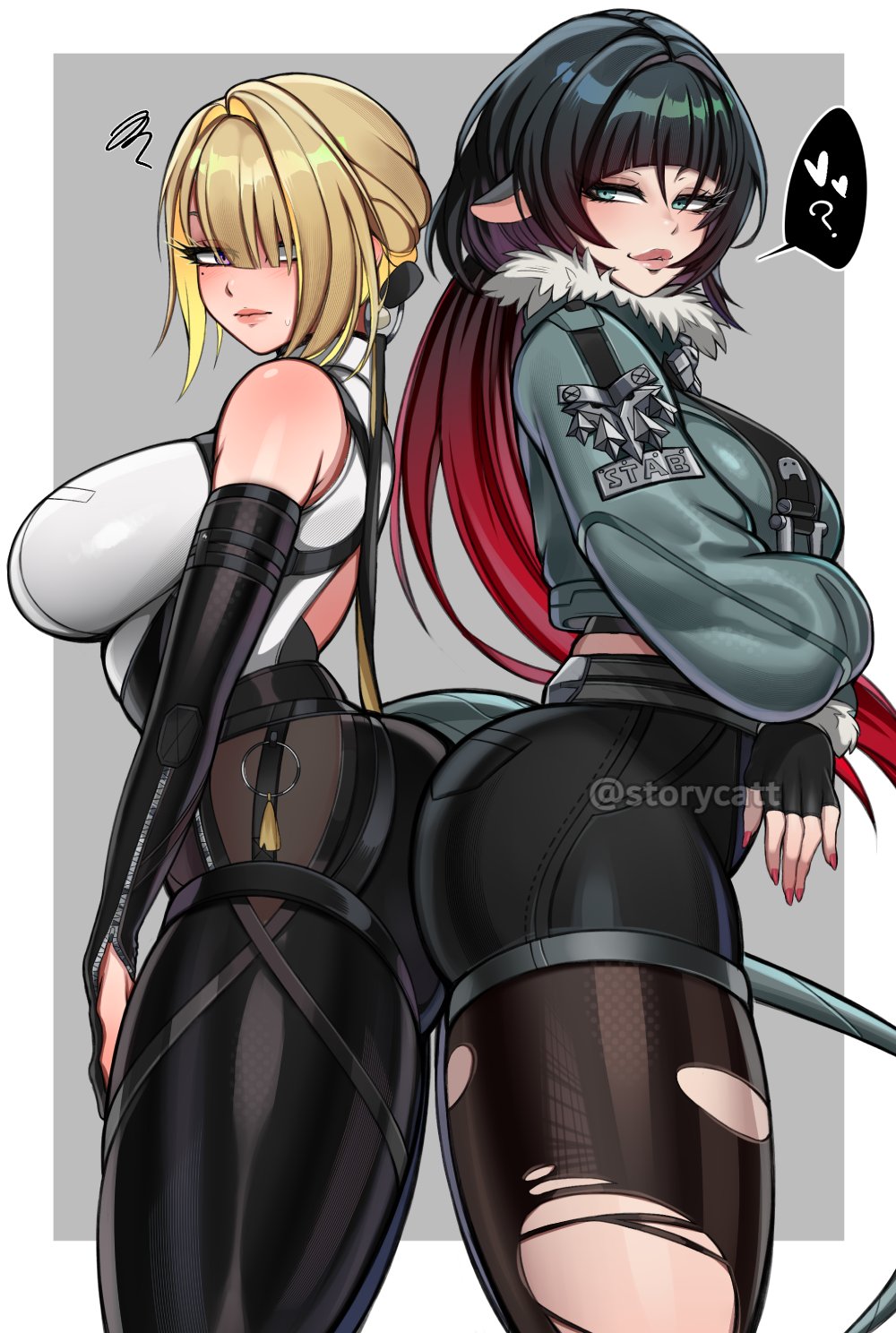 2girls, ass, ass to ass, breasts, evelyn chevalier, female, female focus, female only, jane doe (zenless zone zero), large ass, large breasts, light skin, light-skinned female, looking at viewer, storycatt, thick thighs, thighhighs, wide hips, zenless zone zero