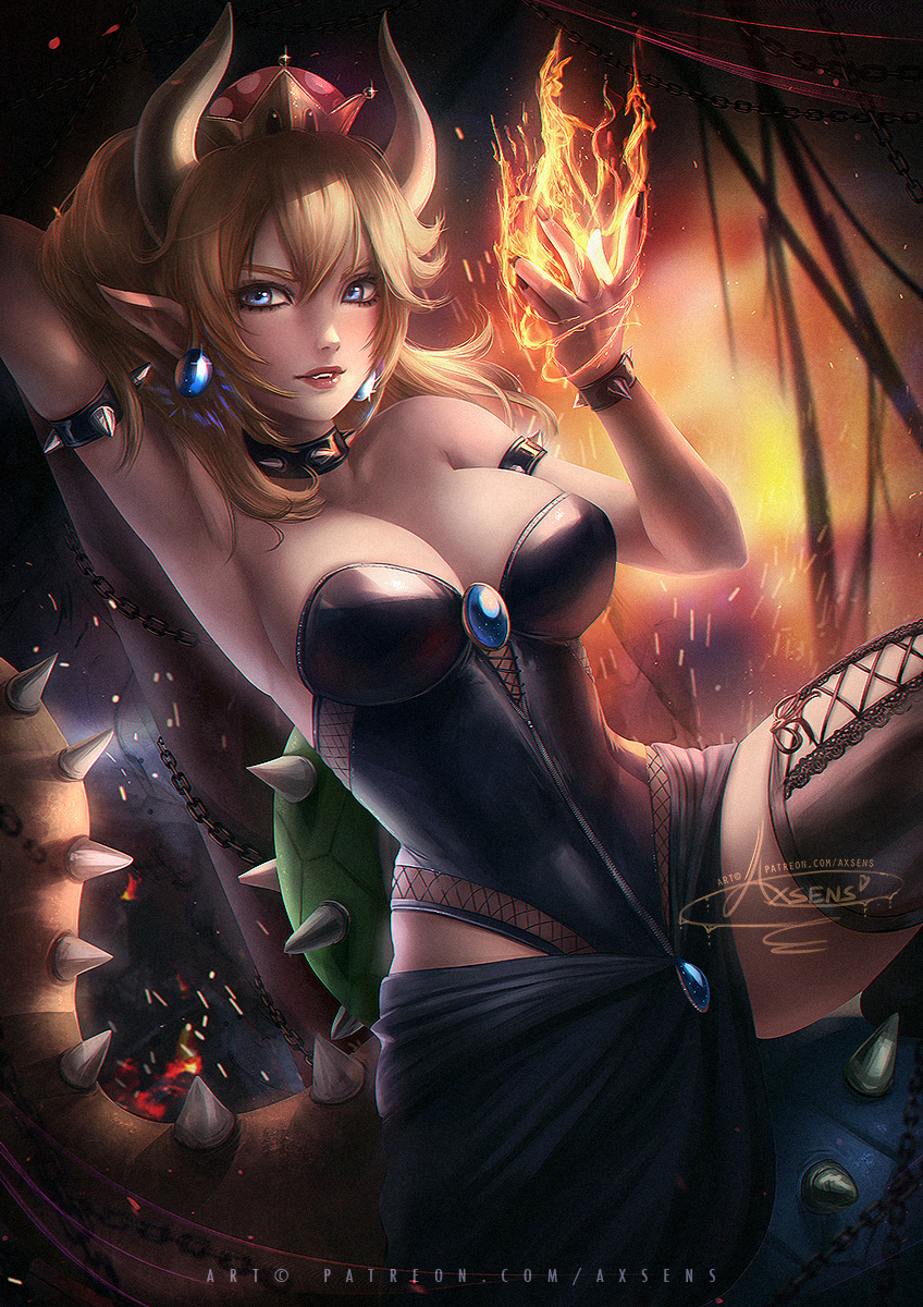 axsens, blonde hair, blue eyes, bowsette, breasts, cleavage, female, female only, genderswap, looking at viewer, mario (series), new super mario bros. u deluxe, nintendo, pinup, rule 63, solo, spread legs, thighhighs