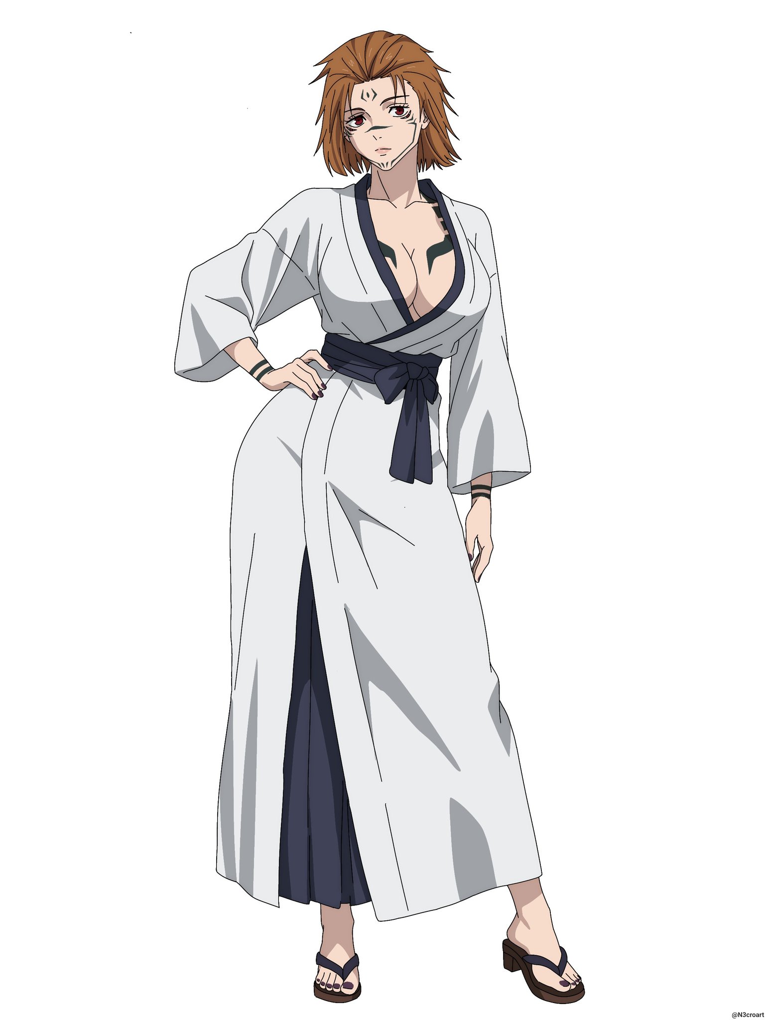 1girls, 2d, 2d (artwork), 4 eyes, accurate art style, belt, black markings, black nail polish, black nails, black tattoo, brown eyebrows, brown hair, brown-haired female, cleavage, collarbone, curvy, eyebrows, eyelashes, fit female, glossy lips, hand on hip, hand on own hip, hips, jujutsu kaisen, kimono, kugisaki nobara, kugisaki nobara (sukuna), long hair, long-haired female, marks, nobara kugisaki, pose, posing, possessed, possession, red eyes, red-eyed female, ribbon belt, ryoumen sukuna (jujutsu kaisen), sandals, standing, tattoos, voluptuous, voluptuous female, white background, white kimono, white yukata, yukata