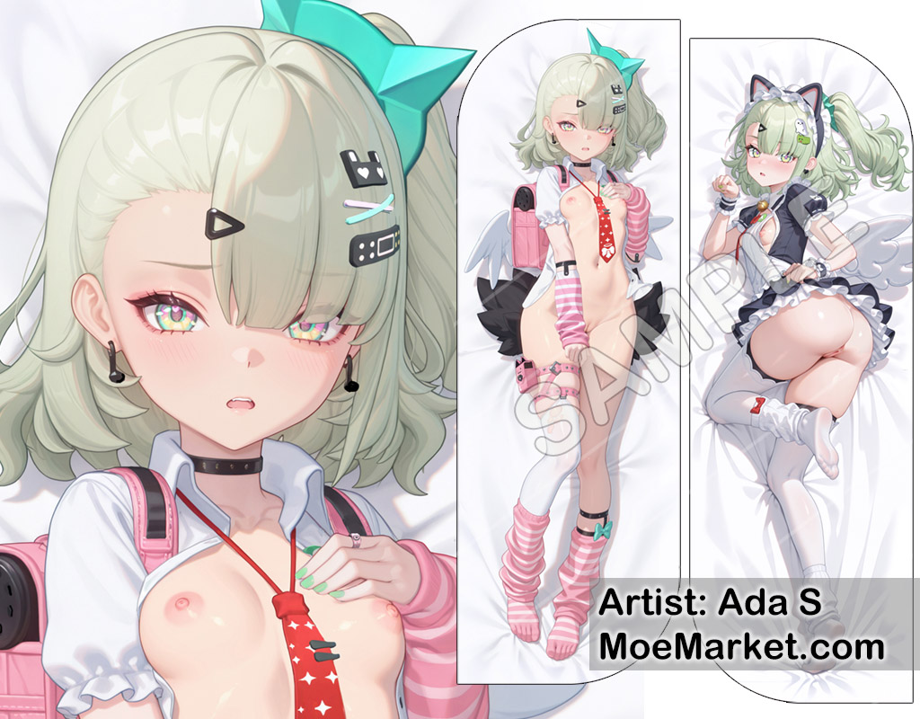 1girls, ada s, ai generated, angels of delusion, bottomless, breasts out, dakimakura, dakimakura design, functionally nude, functionally nude female, green hair, hairclip, legwear, looking at viewer, maid headdress, maid outfit, moemarket, open shirt, partially clothed, red necktie, short hair, side ponytail, sunna (afternoon tea break) (zenless zone zero), sunna (zenless zone zero), thighhighs, white shirt, zenless zone zero, zzz