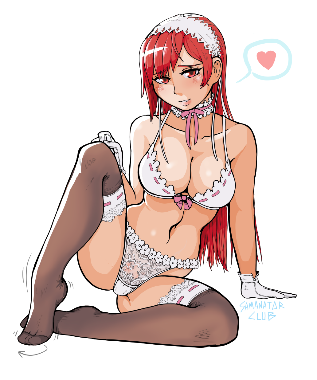 arm support, blush, bow, bow panties, bra, breasts, cherche (fire emblem), choker, cleavage, female, fire emblem, fire emblem awakening, frilled choker, frills, gloves, headdress, heart, long hair, looking at viewer, navel, red eyes, red hair, ribbon, samanator club, simple background, smile, solo, spread legs, thighhighs, twitching, underwear, white background, white bra, white gloves, white panties