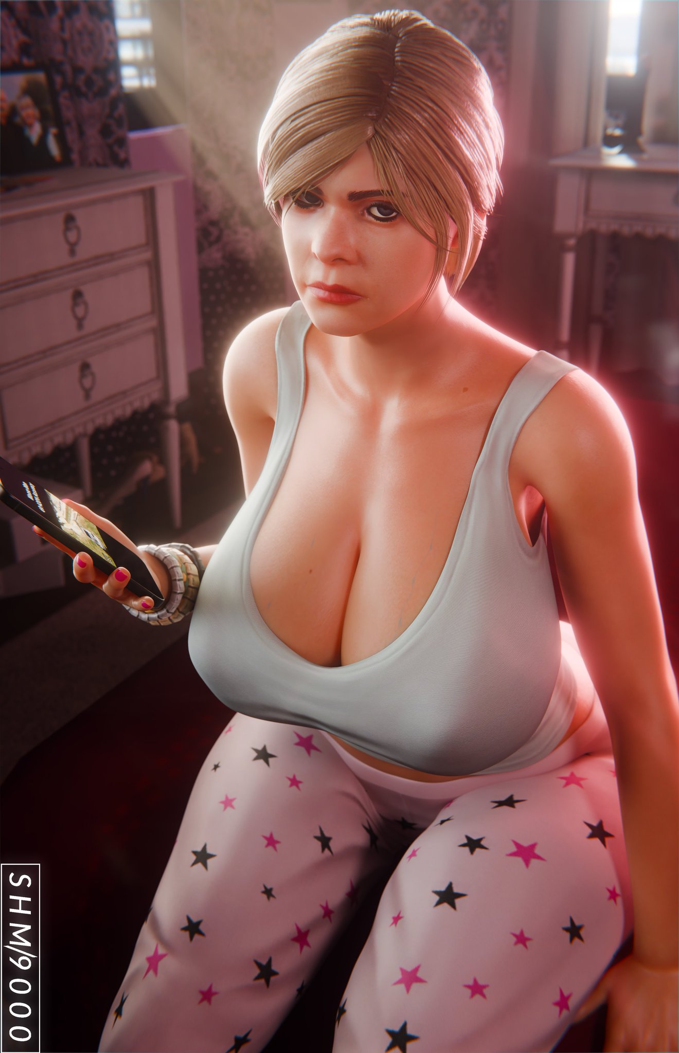 1girls, 3d, 3d (artwork), 5 fingers, annoyed, annoyed expression, arms, artist logo, artist name, ass, bare arms, bedroom, big ass, big breasts, big butt, blonde, blonde female, blonde hair, breasts, bubble ass, bubble butt, butt, cellphone, cleavage, curvaceous, curvy, curvy body, curvy female, curvy figure, dat ass, dumptruck ass, eyelashes, fat ass, female, female focus, female only, grand theft auto, grand theft auto v, hair, hands, high resolution, highres, hips, huge ass, huge breasts, huge butt, human, human only, indoors, large ass, large breasts, large butt, legs, light skin, light-skinned female, looking annoyed, looking at viewer, makeup, mammal, no bra, open eyes, pajama pants, pawg, plump, plump ass, plump breasts, rockstar games, room, smartphone, superhentaimaster9000, t-shirt, thick, thick ass, thick legs, thick thighs, thighs, tracey de santa, voluptuous, voluptuous female, watermark, white t-shirt, wide hips, wide thighs