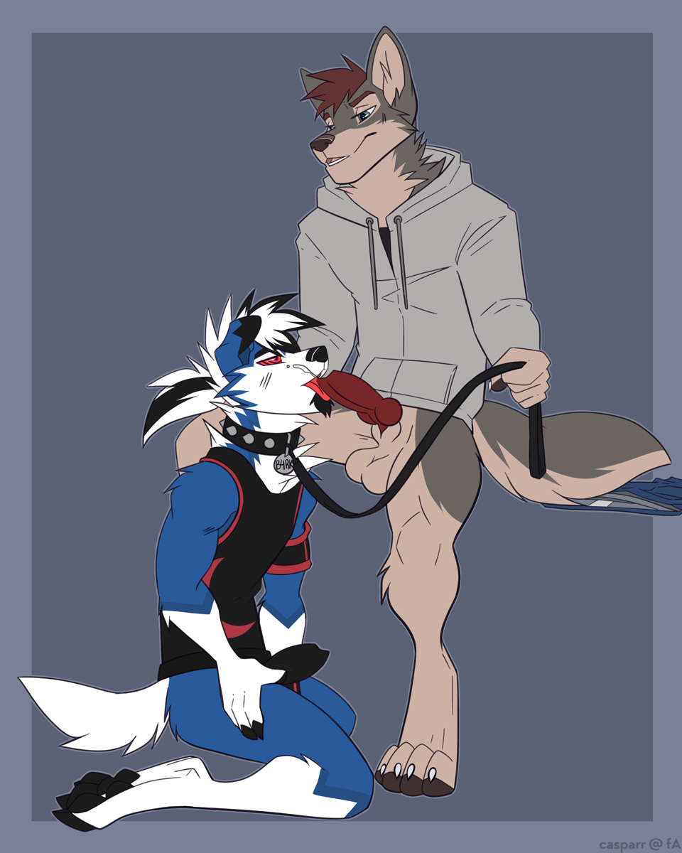 2boys alternate_color animal_genitalia animal_penis anthro anthrofied ass black_nose black_penis bottomless canine canine_penis casparr claws clothed clothing collar cum domination duo english_text erection feet fellatio fur furry gay hair half-closed_eyes interspecies jacket kneeling knot leash licking lycanroc male male_domination male_only mammal midnight_lycanroc mind_control multicolored_fur multicolored_hair nintendo open_mouth oral original_character partially_clothed pawpads paws penis penis_lick pokémon_(species) pokemon pokemon_sm red_hair red_penis sex shirt simple_background spiked_collar spikes spiral_eyes standing submissive submissive_male tank_top testicles text toe_claws tongue tongue_out two_tone_fur two_tone_hair video_games watermark wolf yaoi