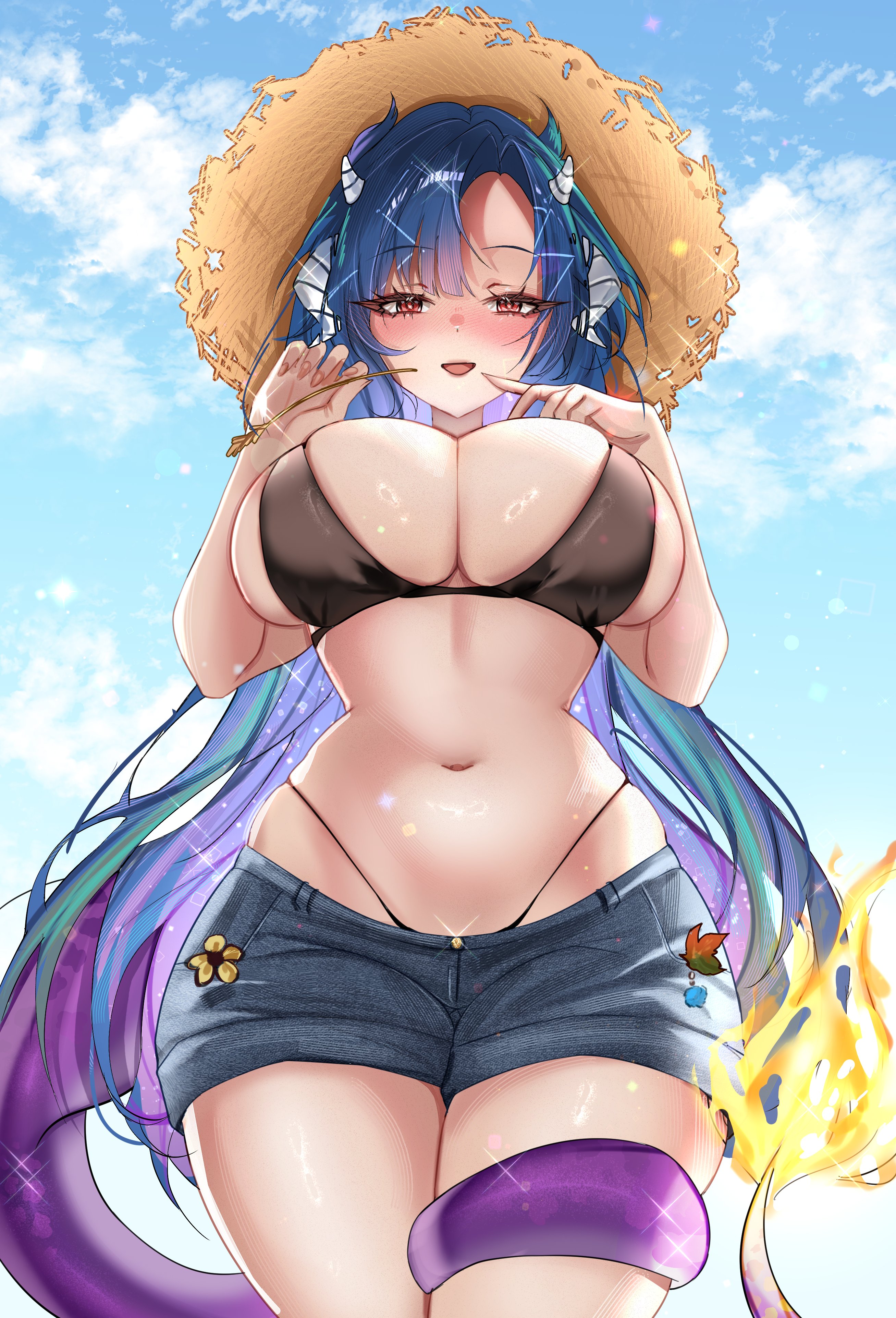 1girls, absurdres, big breasts, bikini, black bikini, blue hair, blush, breasts, breasts squeezed together, brown eyes, cloud, cloudy sky, colored inner hair, curtained hair, curvy, day, dragon girl, dragon horns, dragon tail, eyelashes, female, fingernails, fire, flame-tipped tail, forehead, from below, gradient hair, grey pants, hashtag-only commentary, hat, highleg, highleg bikini, highres, horns, huge breasts, indie virtual youtuber, large breasts, long hair, looking at viewer, massive breasts, miuq chan, multicolored hair, navel, open mouth, outdoors, pants, purple hair, short shorts, shorts, sky, solo, sparkle, sparkling aura, stomach, straight-on, straw hat, swimsuit, tail, tail wrap, thick, thighs, vienna (farmer) (vtuber), vienna (vtuber), virtual youtuber, vtuber