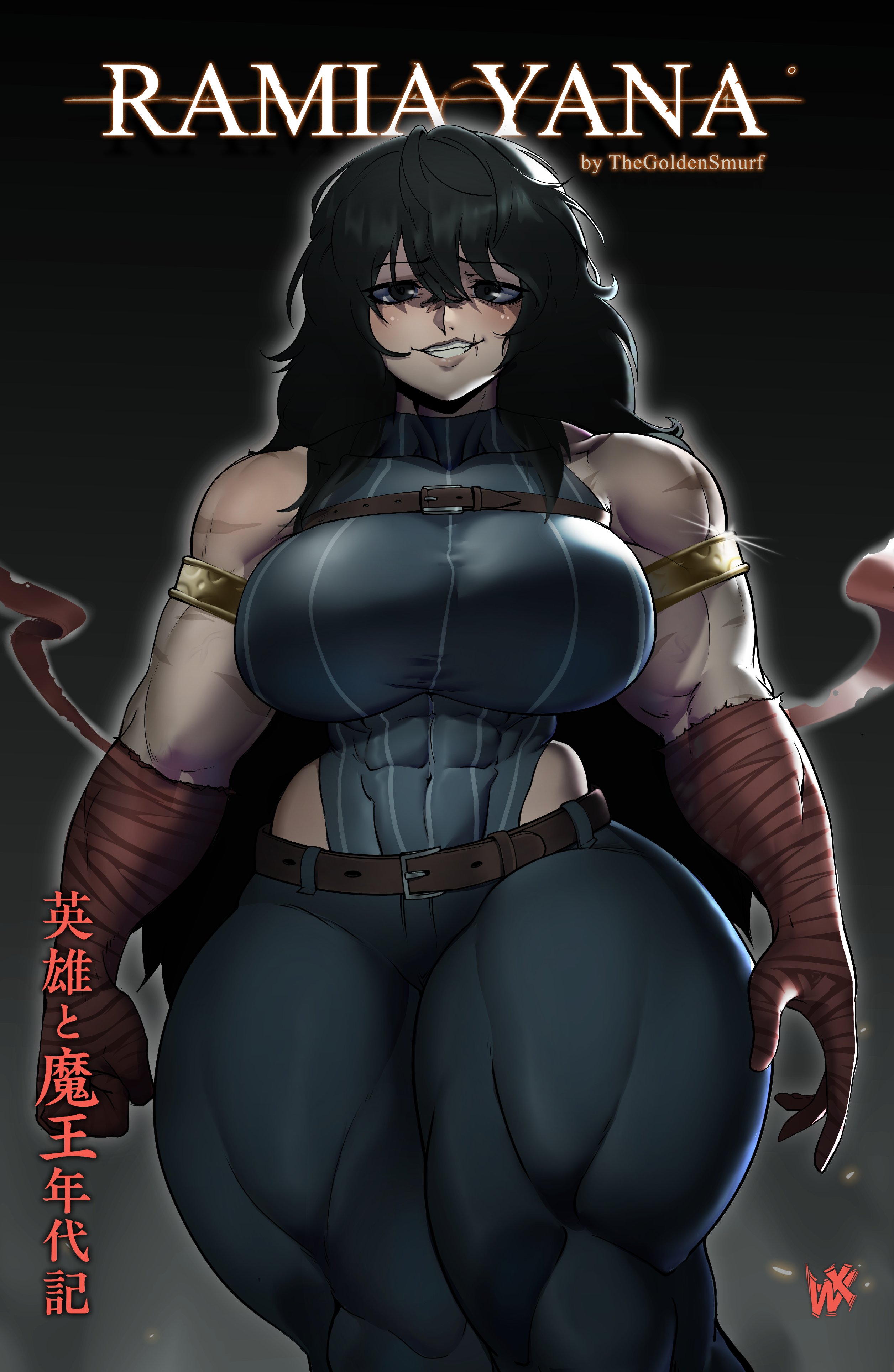 2026, abs, artist signature, bandaged arm, belt, belt around boobs, big breasts, black hair, borrowed character, digital drawing (artwork), digital media (artwork), english text, gold bracelet, hi res, high resolution, japanese text, looking at viewer, muscular, muscular arms, muscular female, muscular thighs, ramia (ramia-yana), ramia-yana, references, scar, scared face, scars, scars all over, simple background, smirk, text, thick thighs, tight clothing, unkempt hair, white woman, wirelixe