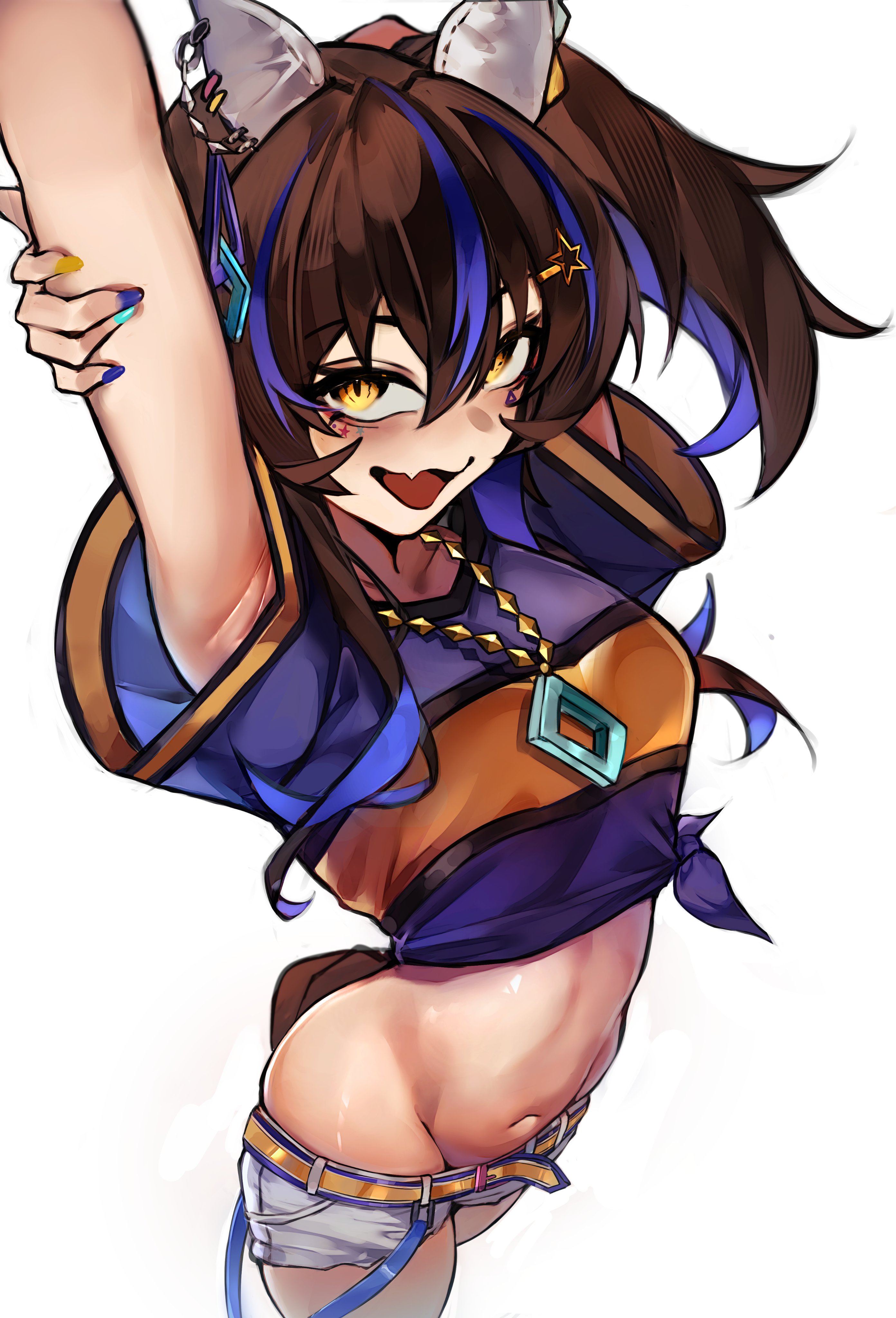 1girl, armpits, arms up, black hair, blue hair, blue shirt, daitaku helios (umamusume), fang, gwenipon, horse ears, horse girl, horse tail, long hair, looking at viewer, midriff, multicolored hair, navel, open mouth, shorts, side ponytail, solo, stomach, tied shirt, umamusume, umamusume pretty derby, white shorts