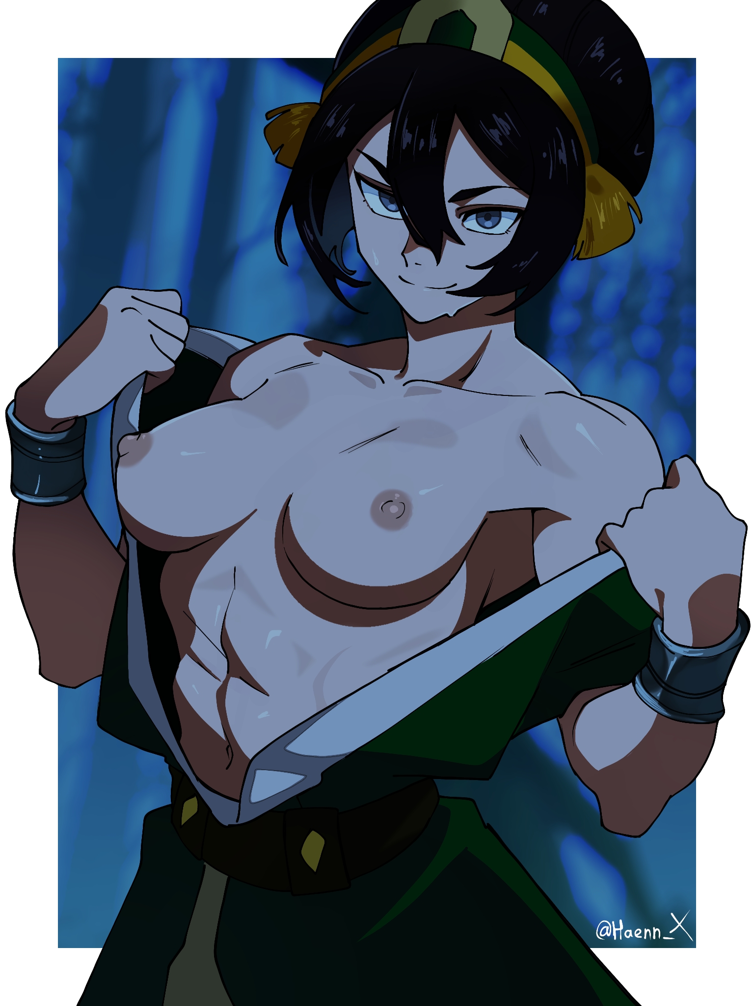 1girls, abs, avatar the last airbender, black hair, black hair female, breasts, haennx, hair bun, hair tie, hair tied up, removing clothing, revealing breasts, soles, the legend of aang, toph bei fong