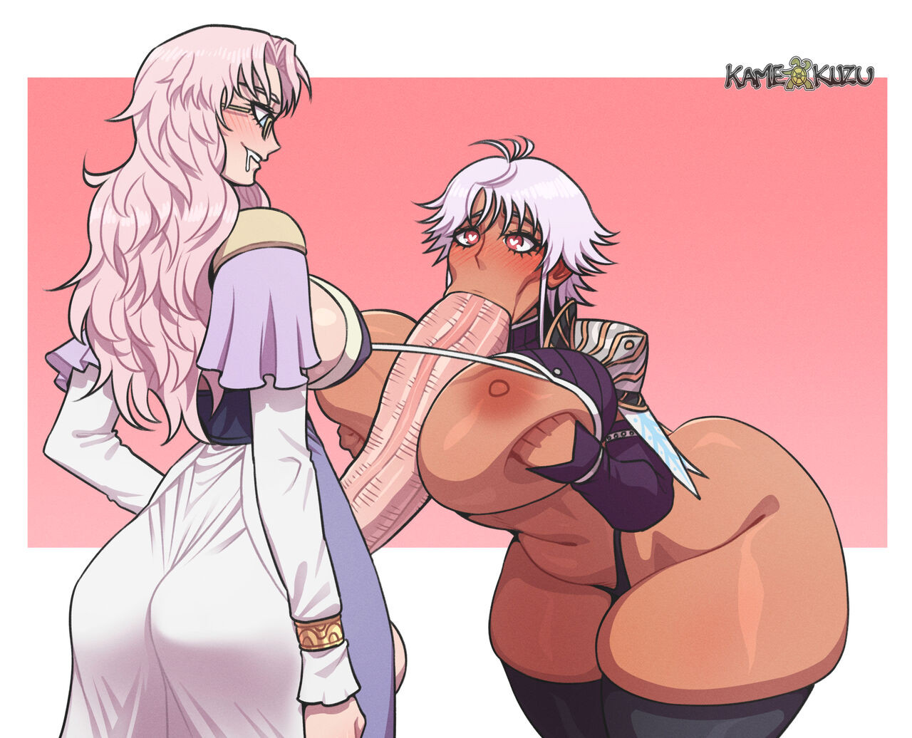 1futa, 1girls, blowjob, character request, fellatio, futa on female, futanari, glasses, heart-shaped pupils, kamekuzu, kameseru, paizufella, paizuri, penis between breasts, source request, white hair
