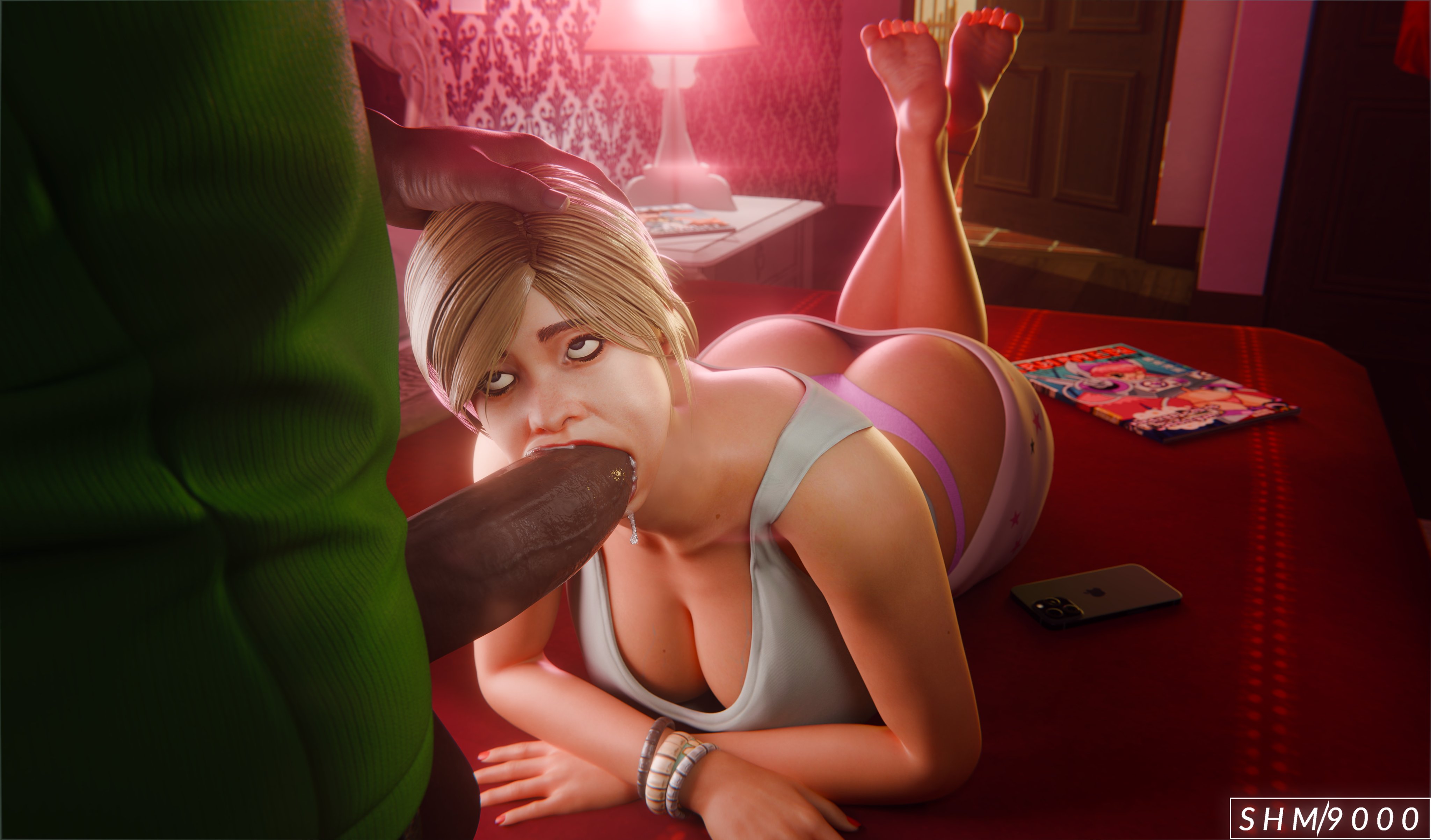 1boy, 1girl1boy, 1girls, 3d, 3d (artwork), 5 fingers, arms, artist logo, artist name, ass, bare arms, bedroom, big ass, big breasts, big butt, blonde, blonde female, blonde hair, blowjob, blowjob face, bracelet, breasts, bubble ass, bubble butt, butt, cellphone, cleavage, cock, curvaceous, curvy, curvy body, curvy female, curvy figure, dark skin, dark-skinned male, dat ass, dick, dumptruck ass, eyelashes, fat ass, fellatio, female, female focus, franklin clinton, grand theft auto, grand theft auto v, green clothing, green shirt, hair, hand on head, hands, high resolution, highres, hips, huge ass, huge breasts, huge butt, huge cock, human, human only, indoors, interracial, large ass, large breasts, large butt, legs, legs up, light skin, light-skinned female, lying, lying on stomach, makeup, male, male/female, mammal, no bra, open eyes, panties, pawg, plump, plump ass, plump breasts, rockstar games, room, sex, smartphone, straight, superhentaimaster9000, t-shirt, the pose, thick, thick ass, thick legs, thick thighs, thighs, tracey de santa, underwear, voluptuous, voluptuous female, watermark, white t-shirt, wide hips, wide thighs