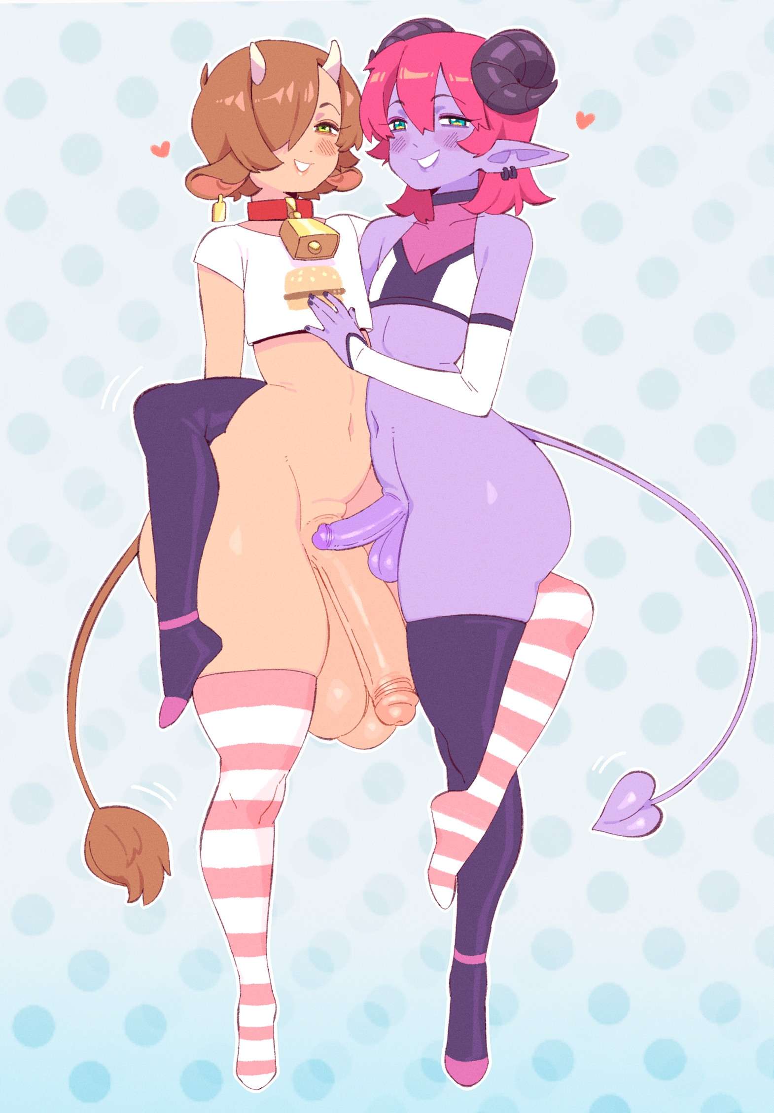 2boys, balls, big balls, big penis, blush, bottomless, clothing, cow boy, demon, femboy, flaccid, frottage, gay, henry (virgo the virgo), huge cock, hung trap, light skin, light-skinned male, male, male only, penis, penis size difference, purple skin, siiiiiinchan, tail, taill, testicles, thighhighs, trap, yaoi