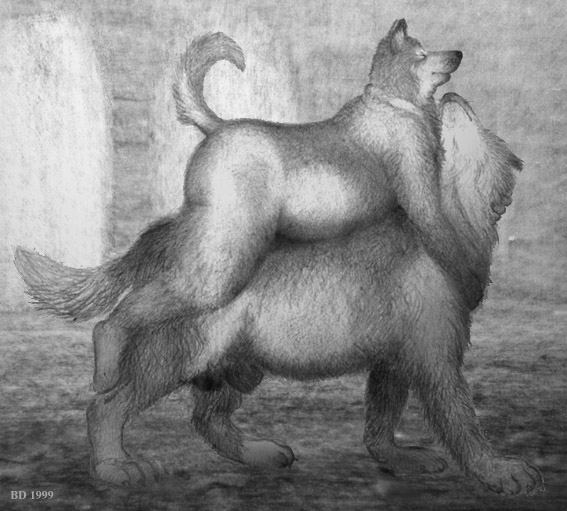 1990s 1999 20th_century animal_genitalia anthro anthro_on_feral balls bd belly black_and_white black_nose canine carrying claws closed_eyes duo feral fur holding_(disambiguation) male mammal monochrome pencil_(artwork) piggyback sheath slightly_chubby toe_claws traditional_media_(artwork) yaoi zoophilia