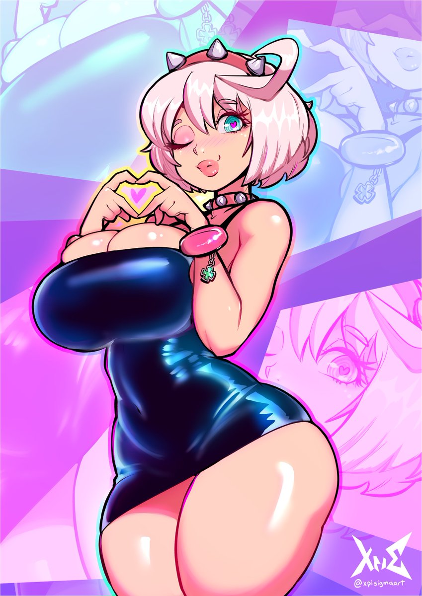 1girls, armwear, big breasts, big lips, bimbo lips, black dress, blue eyes, blush, bracelet, breasts, cleavage, clothing, collar, dress, elphelt valentine, eyeshadow, female, female only, guilty gear, guilty gear strive, hair, headwear, heart, heart hands, heart-shaped pupils, hips, huge breasts, latex, latex clothing, lips, lipstick, makeup, minidress, neckwear, one eye closed, parted lips, pink eyeshadow, pink lipstick, pink makeup, shiny clothes, short dress, short hair, solo, solo female, spiked collar, spiked hairband, strapless clothing, strapless dress, thick lips, thick thighs, thighs, tight clothing, tight dress, tube dress, white hair, wide hips, wink, winking, xpisigma