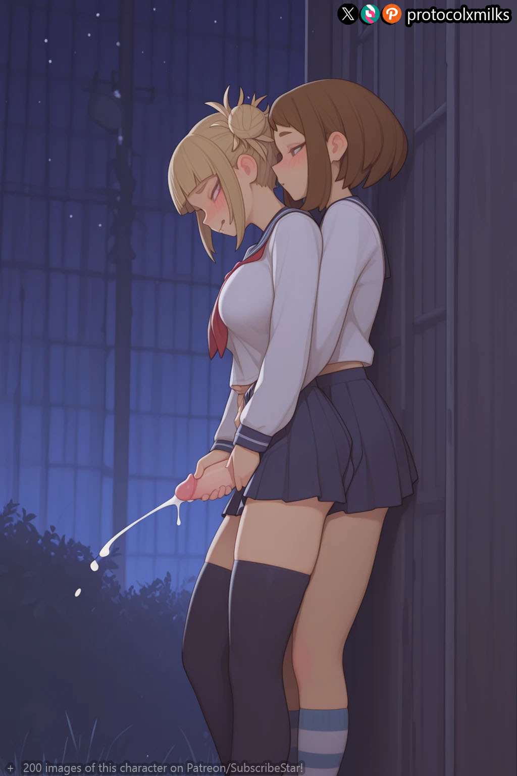 1futa, 1girl, ai generated, bangs, blonde hair, blue sailor collar, blue skirt, blunt bangs, blush, breasts, brown eyes, brown hair, caught, cock, cum, cute, double bun, ejaculation, embarrassed, erection, from behind, futa with female, futanari, hair bun, half closed eyes, handjob, himiko toga, kneehighs, large breasts, long sleeves, looking at another, miniskirt, my hero academia, narrowed eyes, neckerchief, night, night sky, ochako uraraka, orgasm, orgasm face, outdoors, parted lips, penis, pleated skirt, protocolxmilks, reach around, red neckerchief, sailor collar, school uniform, serafuku, sex, shemale, shirt, short hair, sidelocks, skirt, sky, socks, standing, striped, thighhighs, tongue, uncensored, white shirt, yellow eyes, zettai ryouiki