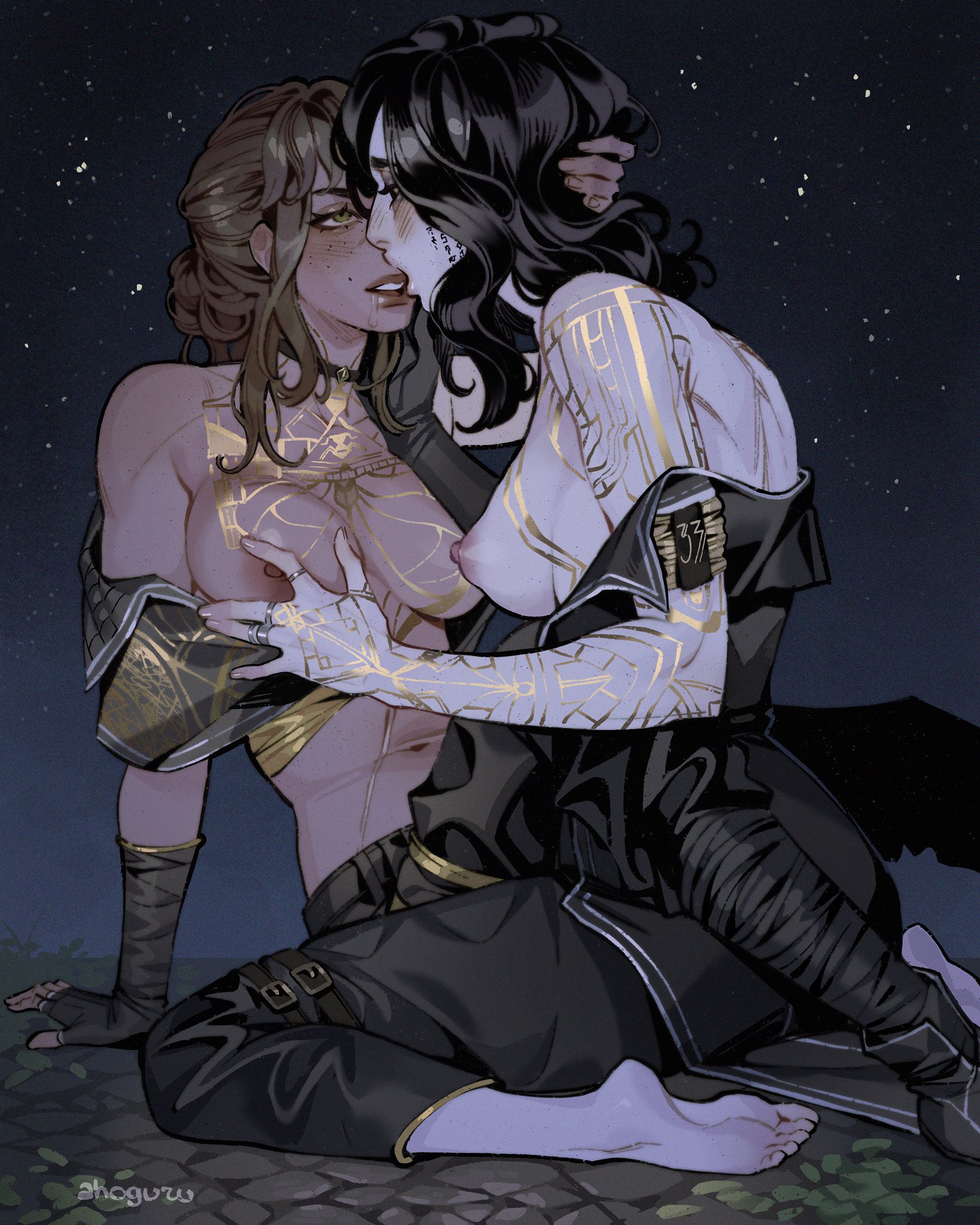 2d, 2girls, ahoguru, black hair, breast grab, breasts, brown hair, clair obscur: expedition 33, female, female only, french female, kissing, light skin, light-skinned female, lune (clair obscur: expedition 33), nipples, saliva, saliva trail, sciel (clair obscur expedition 33), tattoo, yuri