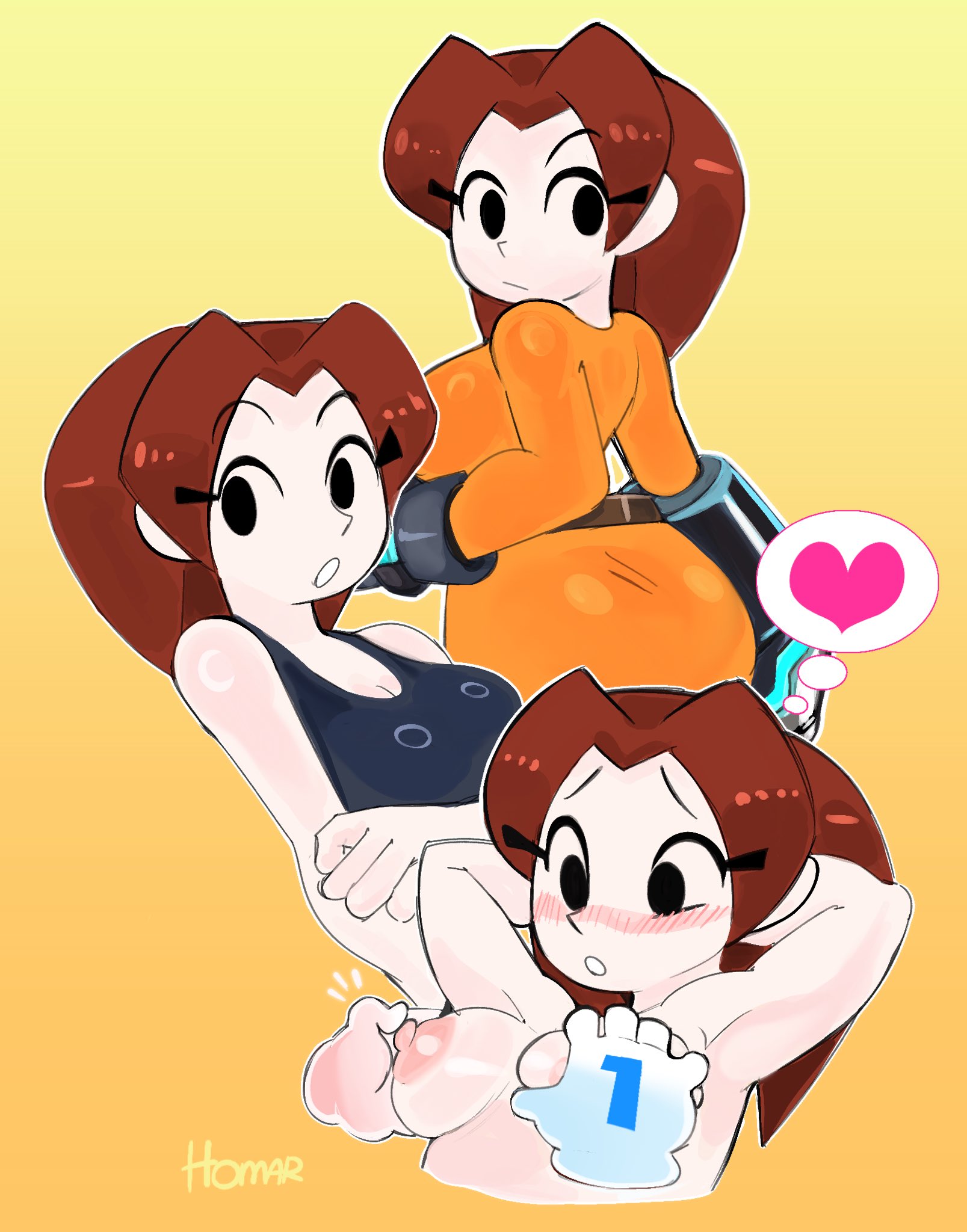 :o, 1girls, areolae, black eyes, blush, breast grab, breasts, brown hair, clothed, disembodied hands, female, gradient background, heart, homar simpleton, looking at viewer, mii, mii gunner, mii gunner (smash 4), mob face, multiple images, nintendo, nipples, nude, super smash bros., tagme, thought bubble, watermark