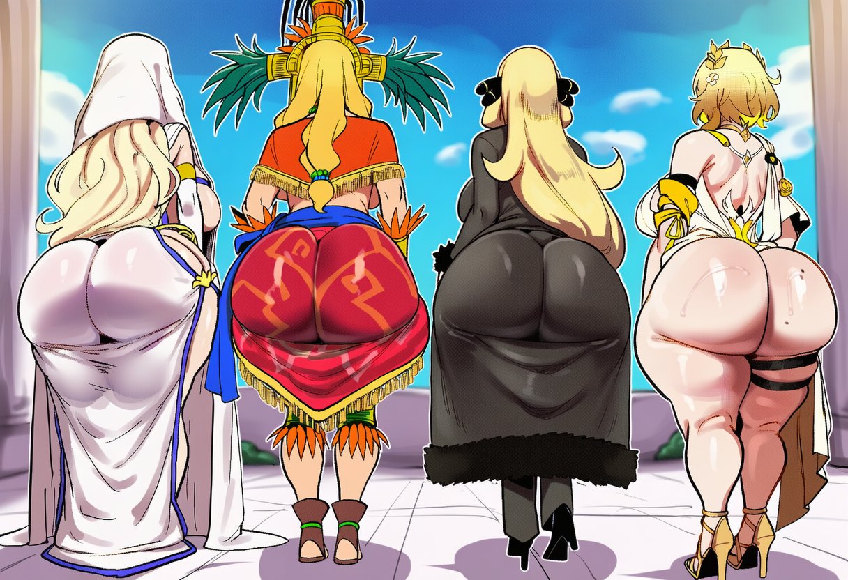 4girls, ai generated, ass focus, back view, blonde female, blonde hair, child bearing hips, crossover, curvaceous, curvaceous body, curvaceous female, curvaceous figure, curvaceous hips, curvaceous thighs, cynthia (pokemon), dat ass, fate/grand order, female focus, female only, gargantuan ass, ishimo, masterpiece, pokemon, quetzalcoatl (fate), rare, waifu