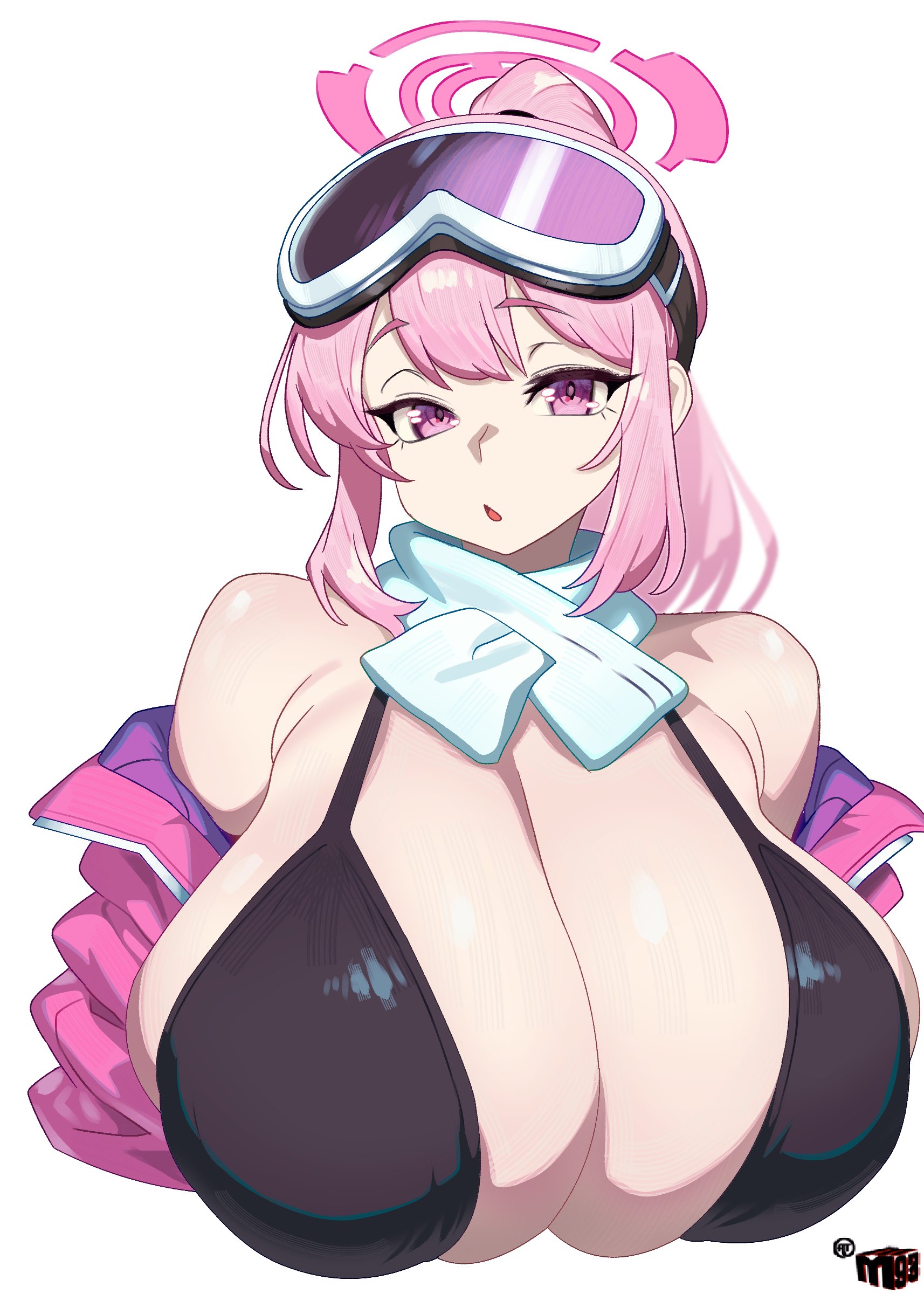blue archive, cleavage, eimi (blue archive), eimi (swimsuit) (blue archive), female, female only, goggles, huge breasts, jacket, long hair, looking at viewer, mewmaster93, parted lips, pink eyes, pink hair