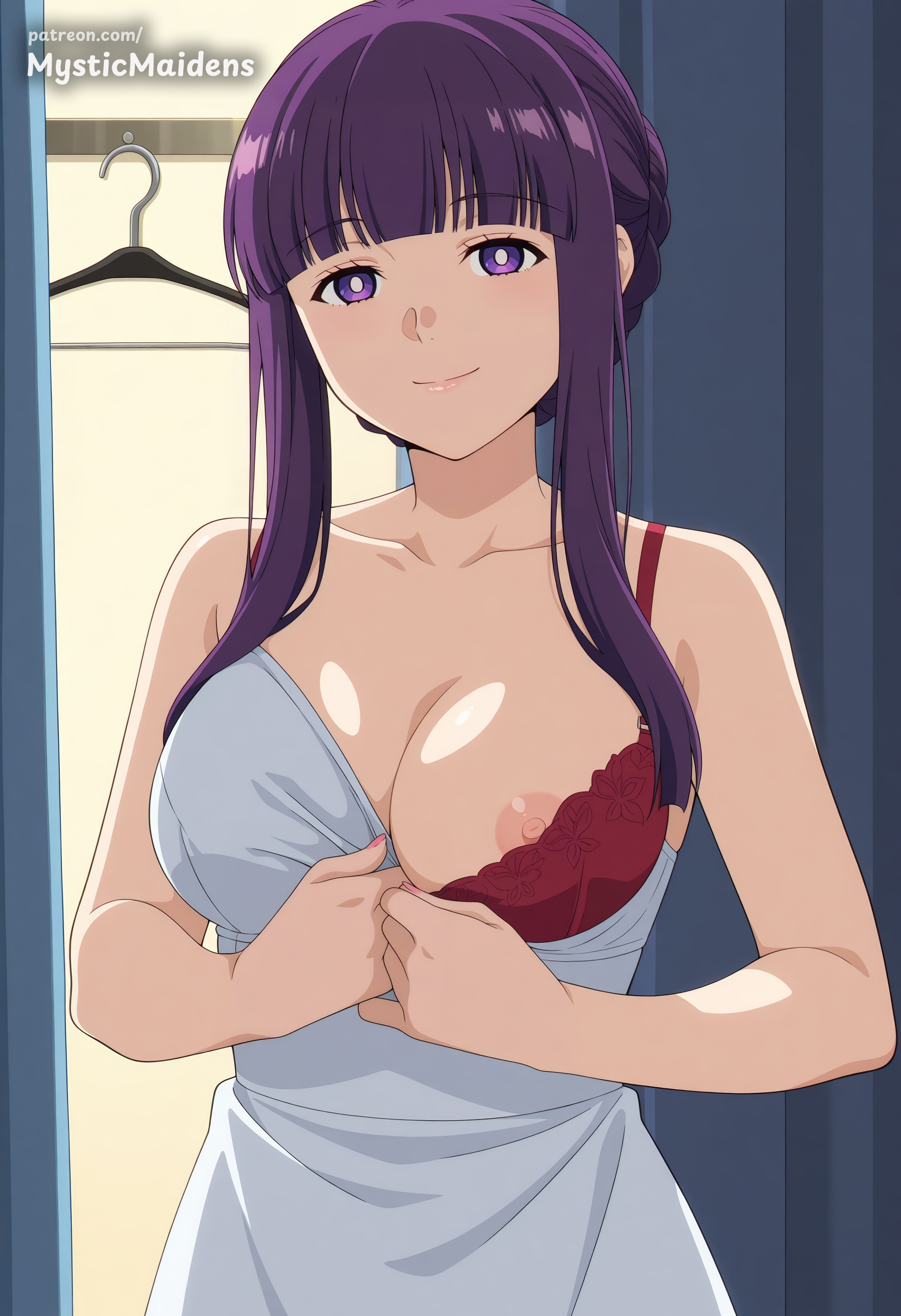 ai generated, anime, anime style, bare shoulders, blunt bangs, bra, breasts, cleavage, closed mouth, clothes pull, collarbone, cut bangs, dress, female, fern (sousou no frieren), frieren beyond journey's end, hentai, hi res, indoors, large breasts, long hair, looking at viewer, mystic maidens, nipples, one breast out, patreon, patreon username, purple eyes, purple hair, red bra, sidelocks, smile, solo, sousou no frieren, underwear, upper body, white dress