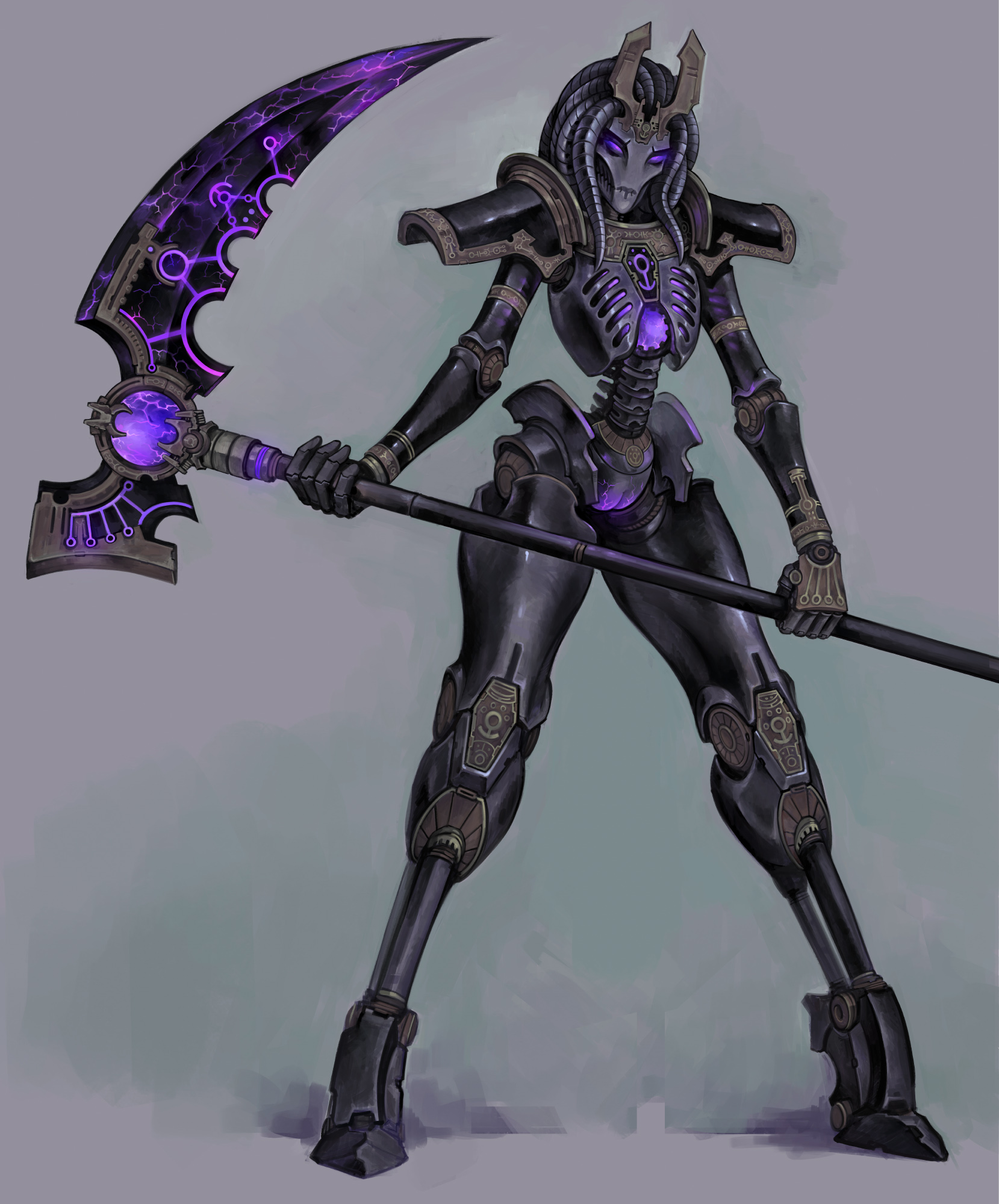 alien, alien girl, alien robot, armpitcore420, dreadlocks, flat chest, glowing eyes, glowing pussy, looking at viewer, melee weapon, necron, no breasts, on toes, purple eyes, purple pussy, robot, robot girl, royalty, scythe, skeletal, skull crushing thighs, solo, solo female, solo focus, thick thighs, thunder thighs, tiptoes, warhammer (franchise), warhammer 40k