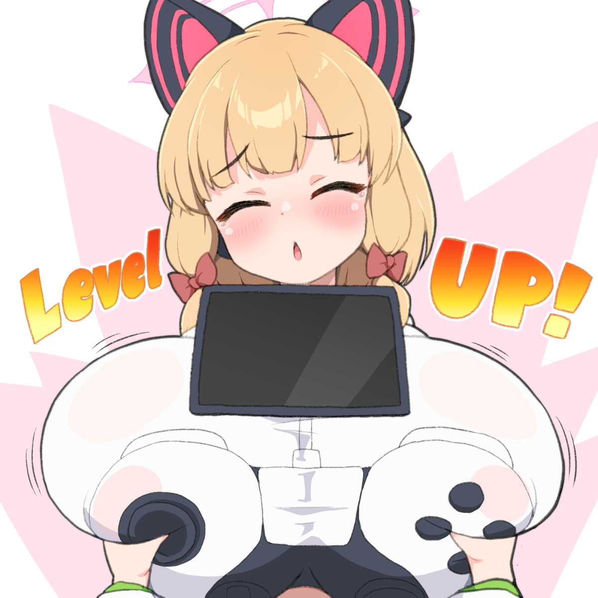 alternate breast size (larger), blonde hair, blue archive, blush, breast expansion, breasts, closed eyes, english text, female, game controller nipples (meme), game controller print, gigantic breasts, grabbing another's breast, groping, halo, incest, meme, midori (blue archive), momoi (blue archive), monitor, pink eyes, pov, pov hands, print shirt, shirogane hakuba, shirt, solo focus, white shirt