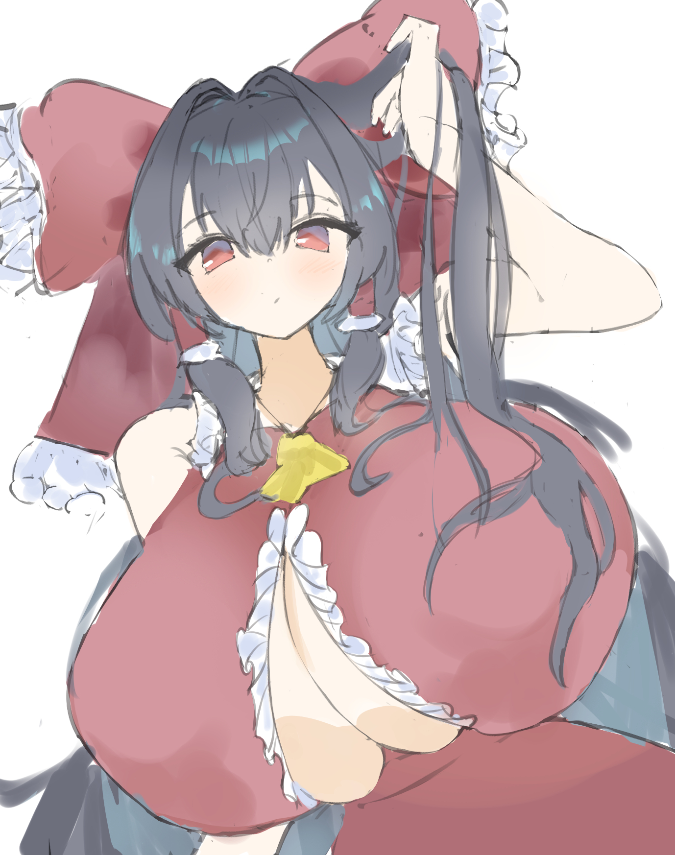 :/, adapted costume, adjusting hair, arm at side, blush, gigantic breasts, hakurei reimu, hyper breasts, looking at viewer, oodama (yosugamike), reimu hakurei, touhou, underboob cutout, upper body