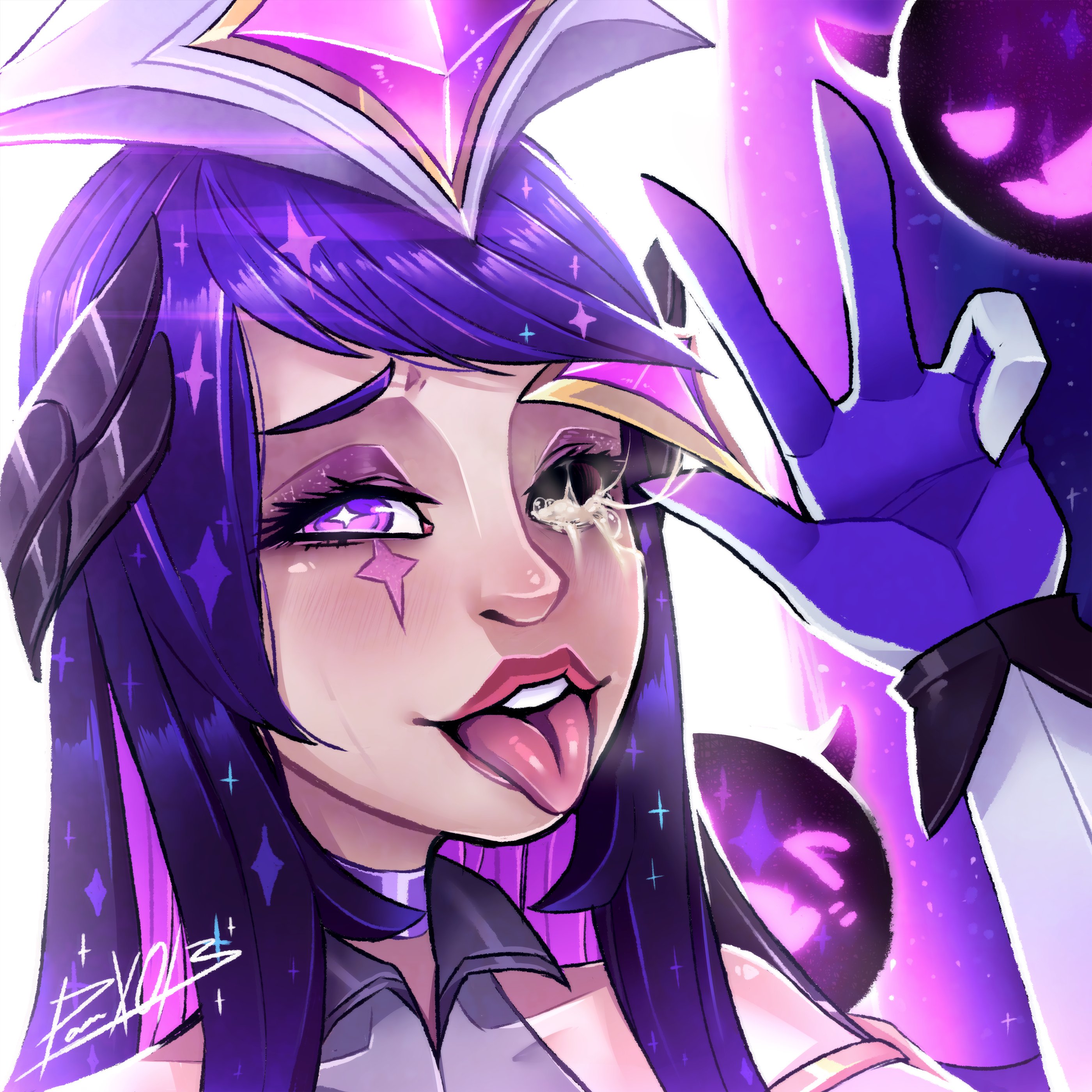 2021, cum, cum in eye, eye socket, female, league of legends, multi (league of legends), panteon013, peace sign, riot games, star guardian, star guardian series, star guardian syndra, syndra, tongue, tongue out