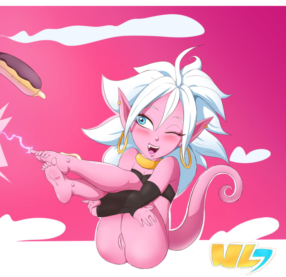 1girls 2010s android_21 ass blue_eyes blush breasts chibi clothing dragon_ball dragon_ball_fighterz earrings feet female humanoid light_persona long_hair majin majin_android_21 nolegal open_mouth pink_skin pointy_ears pussy sharp_teeth sitting tail tongue vagina white_hair wink