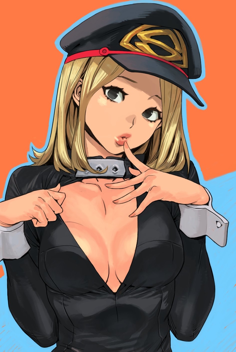 1girls, black eyes, blonde hair, blonde-haired female, bodysuit, camie utsushimi, catsuit, female, hat, hero outfit (mha), lipstick, my hero academia, peaked cap, posing, shiketsu high school cap, short hair, uniform, wrist cuffs