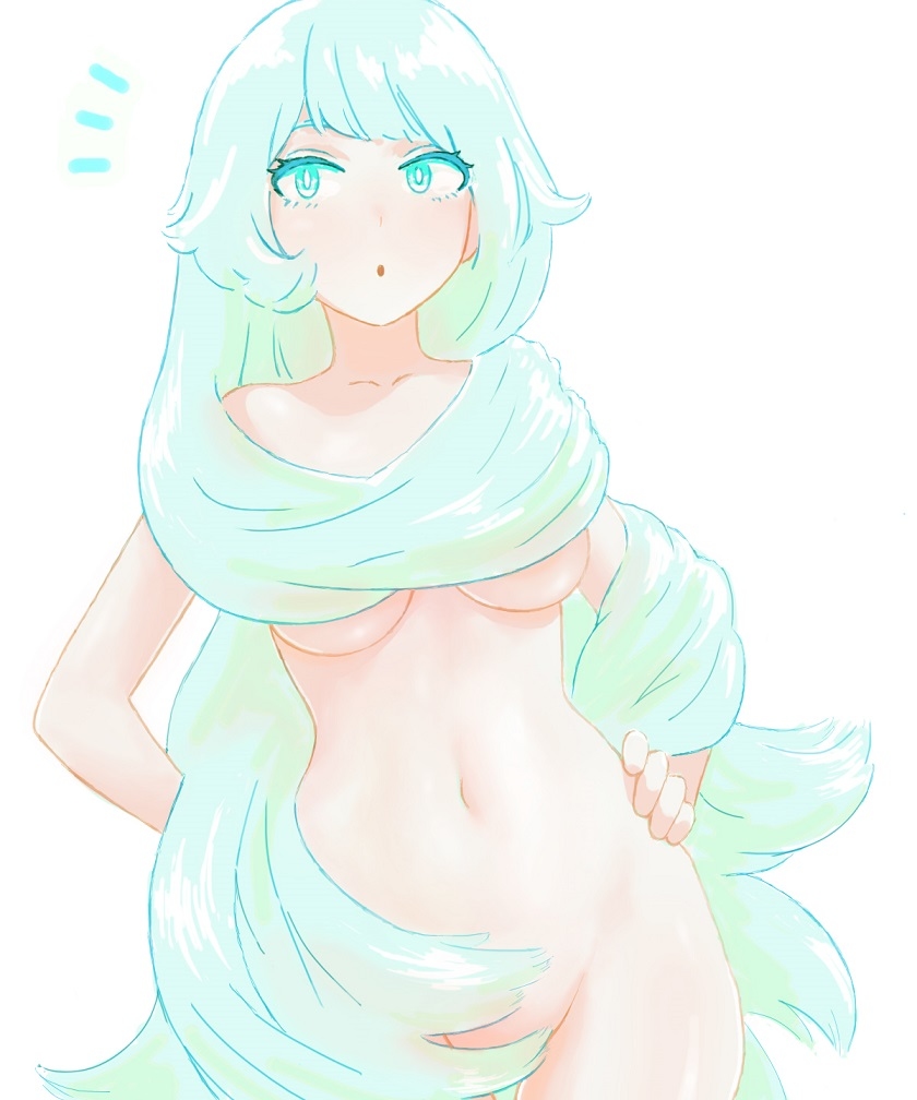 1girls, blue eyes, blue hair, blue-haired female, covered nipples, covered pussy, female, holding hips, long hair, my hero academia, nejire hado, pussy, surprised