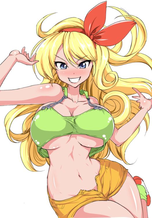 1girls, aoiakira553, bad launch, bandana, blonde hair, blue eyes, breasts, cleavage, curvy, dragon ball, dragon ball (classic), erect nipples, female, huge breasts, launch, lunch (dragon ball), nipples, short shorts, simple background, thick lips, very long hair, voluptuous, wide hips