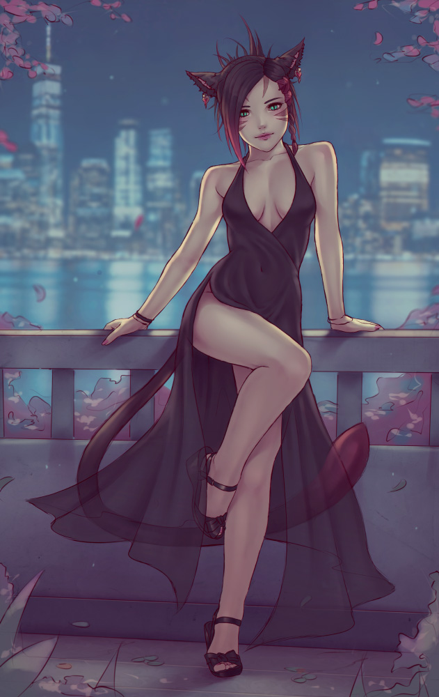 black hair, dress, female, female only, final fantasy, final fantasy xiv, green eyes, looking at viewer, miqo'te, red highlights, soranamae