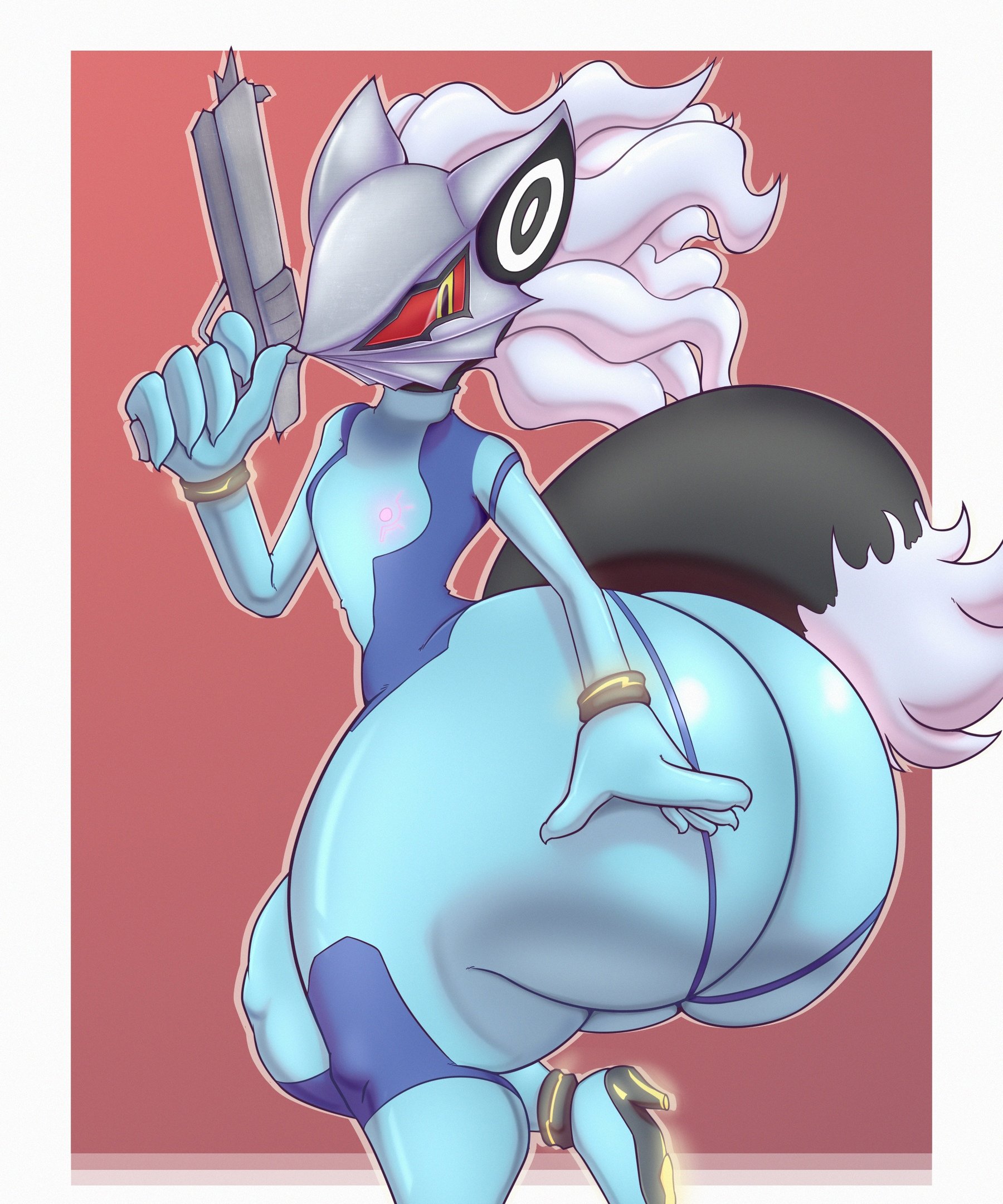 1boy, anthro, ass, big ass, big butt, bottom heavy, clothing, cosplay, fat ass, femboy, gigantic ass, girly, gun, high heels, huge ass, huge butt, hyper ass, infinite (sonic), jackal, large ass, latex suit, long hair, looking back, male, male only, mask, masked, metroid, presenting, rubber, rubber suit, samus aran (cosplay), smotrilla, solo, solo male, sonic (series), sonic forces, tail, teasing, thick thighs, tight clothing, wide hips, zero suit, zero suit samus (cosplay)