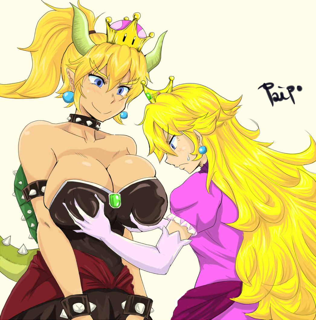 2girls baibo blonde blonde_hair blue_eyes bowsette breast_envy breast_grab bursting_breasts cleavage curvy elbow_gloves female female_only genderswap large_breasts mario_(series) moaning multiple_girls new_super_mario_bros._u_deluxe nintendo princess_peach super_mario_bros. voluptuous yuri