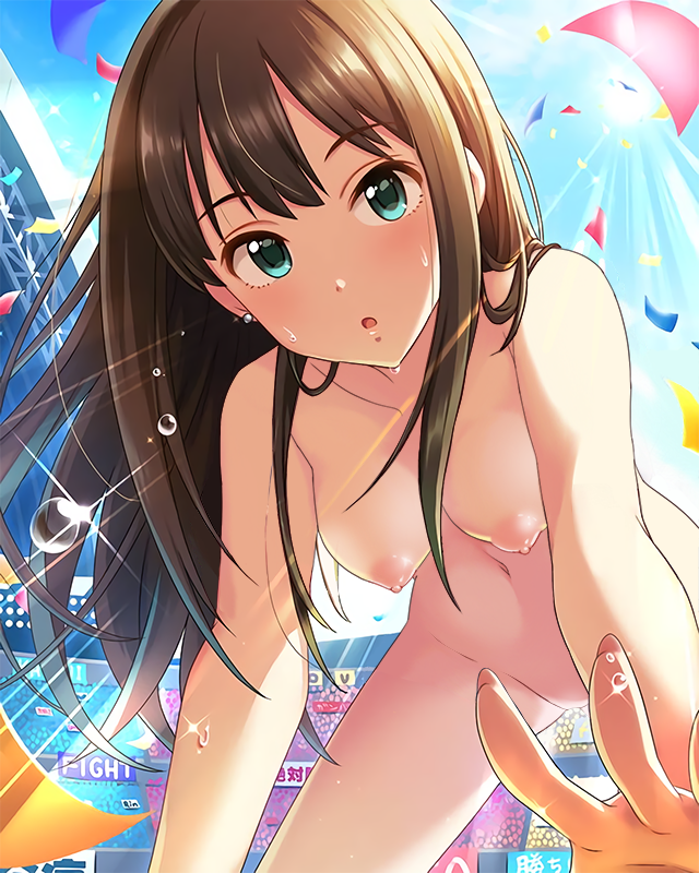 all_fours alternative_bust_size annindoufu_(oicon) aqua_eyes bangs bare_shoulders blue_eyes blush breasts brown_hair clavicle eyebrows_visible_through_hair female female female_only idolmaster idolmaster_cinderella_girls leaning_forward legs long_hair looking_at_viewer medium_breasts missing_vagina nipples nude nude_filter open_mouth paipan shibuya_rin solo spread_legs sunlight tagme thighs third-party_edit water water_drop wet