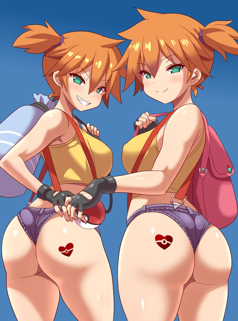 2girls, alternate breast size, anime style, ass, backpack, bag, blush, breasts, bubble ass, bubble butt, cleavage, clone, clothed, female, female only, fingerless gloves, gloves, green eyes, grin, half-closed eyes, heart, holding, human, human only, kasumi (pokemon), konno tohiro, large breasts, looking at viewer, looking back, misty (pokemon), nintendo, orange hair, outdoors, pale skin, poke ball, pokemon, pokemon rgby, red hair, shirt, shorts, side ponytail, smile, suspenders, teeth, thick thighs, tomboy, wide hips