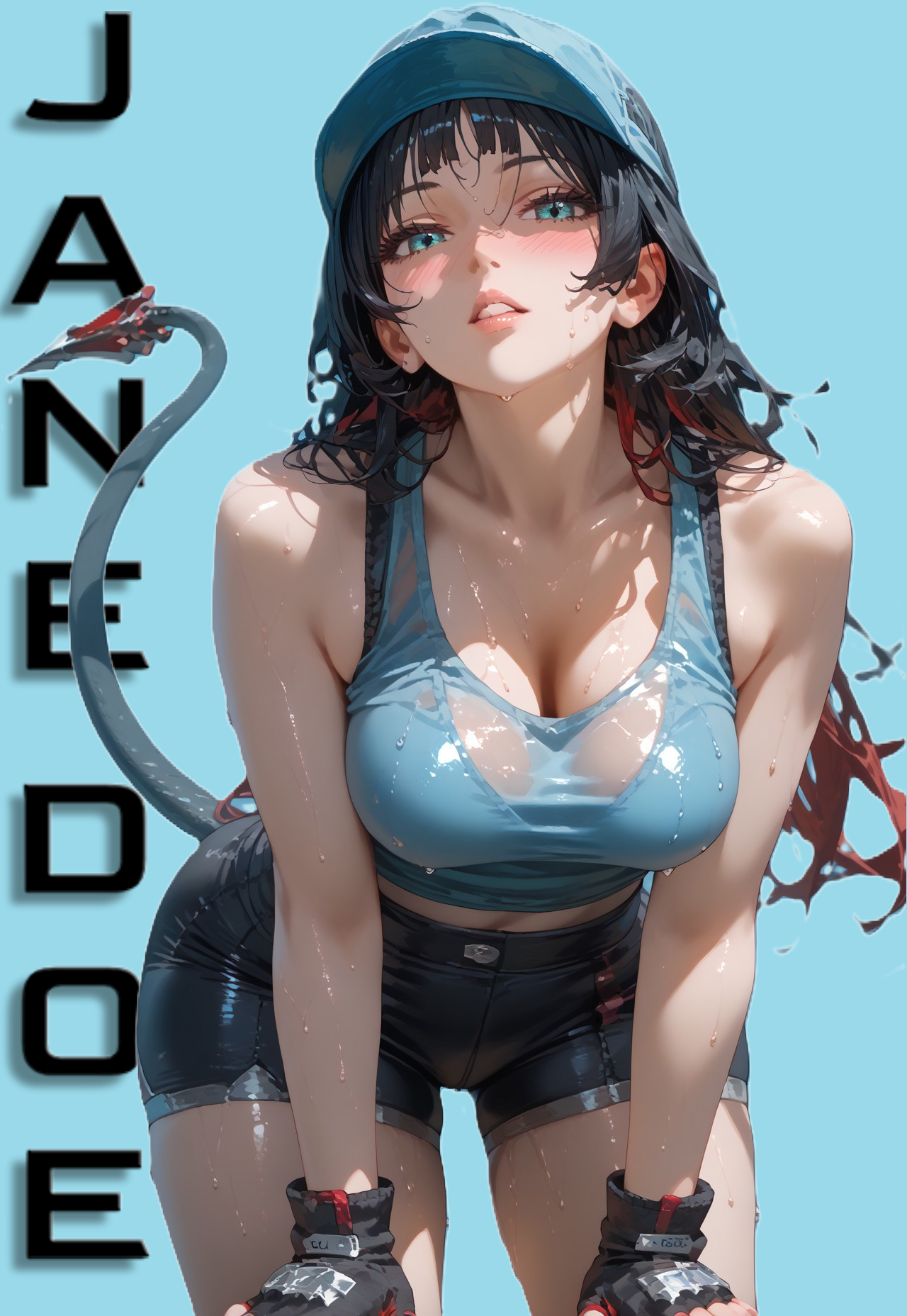 1girls, ai generated, animal ears, bent over, black hair, breasts, cameltoe, cleavage, enjisd, female, gloves, hat, jane doe (zenless zone zero), long hair, medium breasts, pale skin, pussy, red hair, shorts, solo, sweat, sweating, tail, tank top, wide hips, zenless zone zero