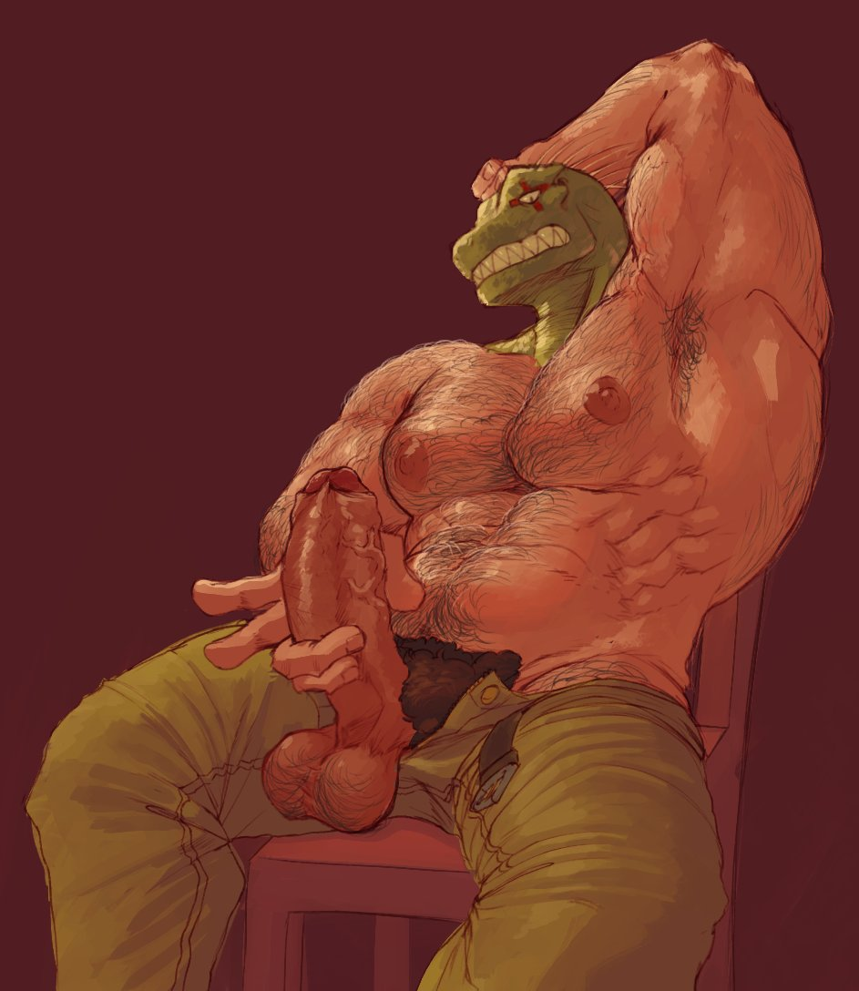 1boy animal_humanoid armpit_hair balls bara bara_tits barazoku big_balls big_penis body_hair clothing dorohedoro erection gay hairy_arms hairy_balls hairy_chest hairy_male hand_on_penis hard_on kaiman kaiman_(dorohedoro) lizard male male_focus male_nipples male_only male_pubic_hair manly masedumpy muscular_male nipples non-human_only penis solo solo_male touching_penis yaoi