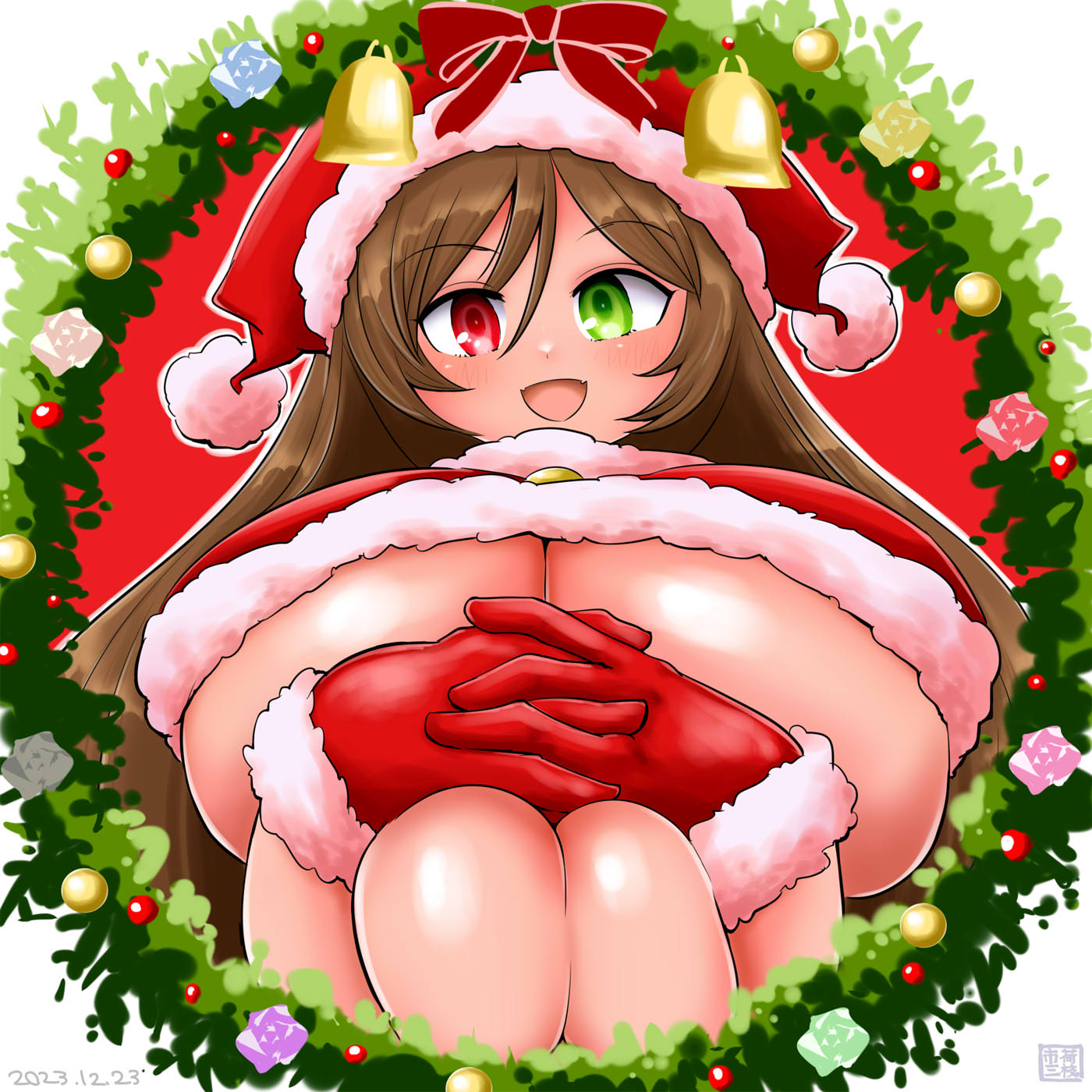 1girls alternate_breast_size christmas christmas_outfit huge_breasts itini-sanshi pressing_breasts_together rozen_maiden suiseiseki underboob