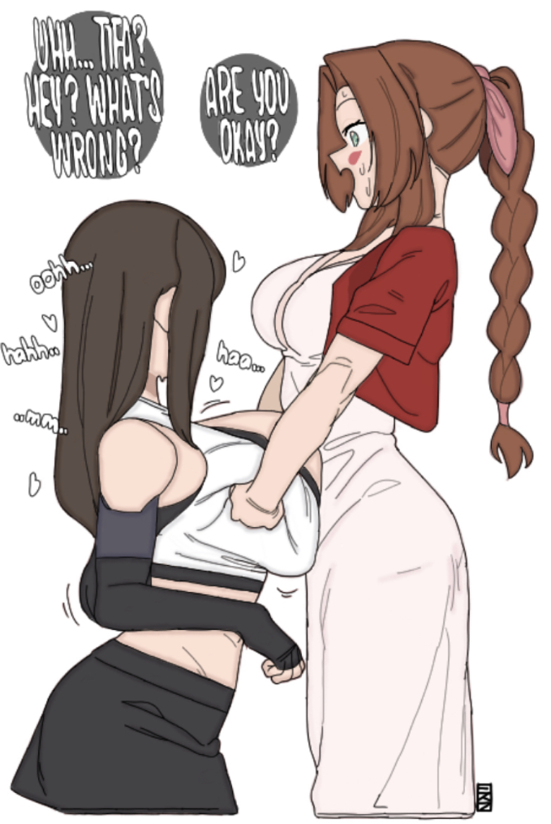 2girls, aerith gainsborough, big breasts, blush, breasts, color edit, ekz, female, final fantasy, final fantasy vii, futanari, imminent orgasm, implied futa, intersex, large breasts, looking away, paizuri, paizuri under clothes, sweat, text, tifa lockhart, yuri