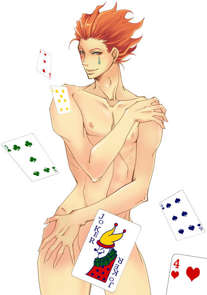 1boy card card_censor cards clown clown_boy hisoka_morow hunter_x_hunter joker_(card) male male_only muscle nude red_hair solo